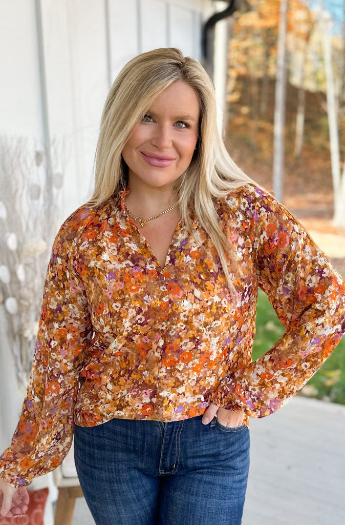 Peggy Floral Long Sleeve Mock Neck Blouse Top - Be You Boutique