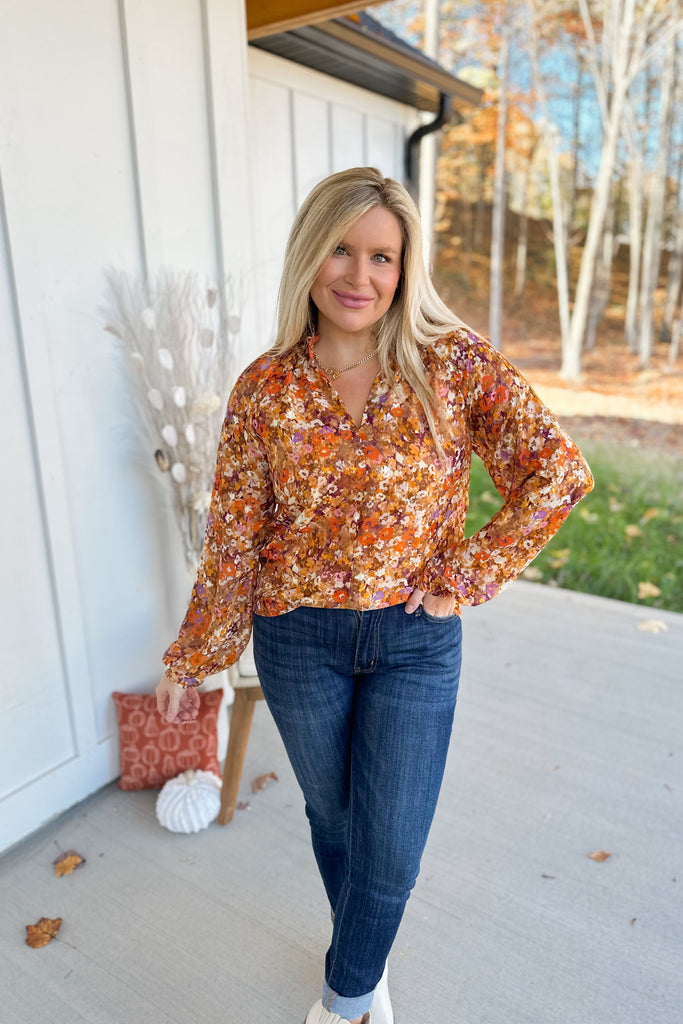 Peggy Floral Long Sleeve Mock Neck Blouse Top - Be You Boutique