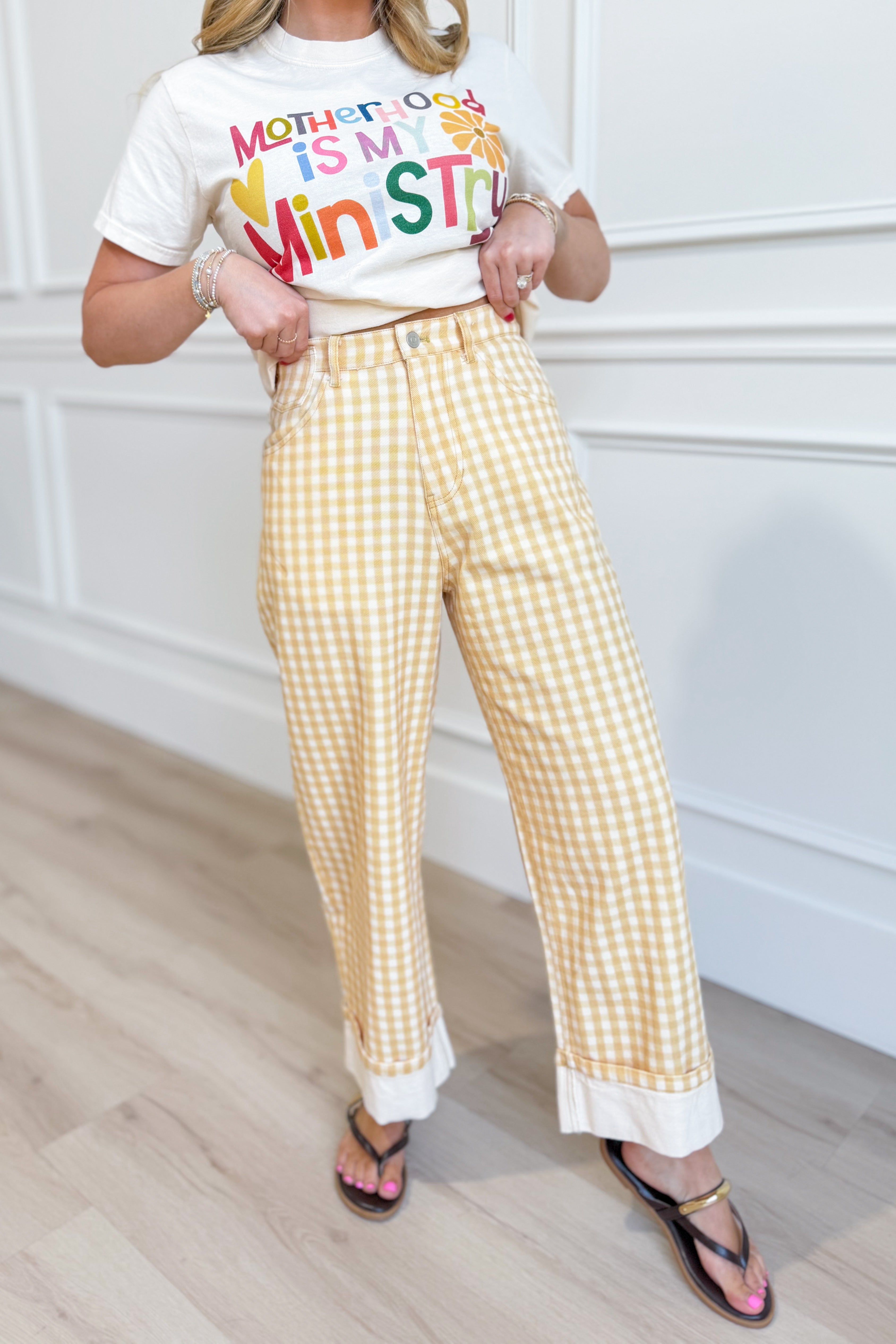 Luis Lt Yellow Gingham Rolled Hem Barrel Pant from PEACH LOVE, 147 Novelty Jeans, featuring yellow gingham fabric and rolled hem detail.