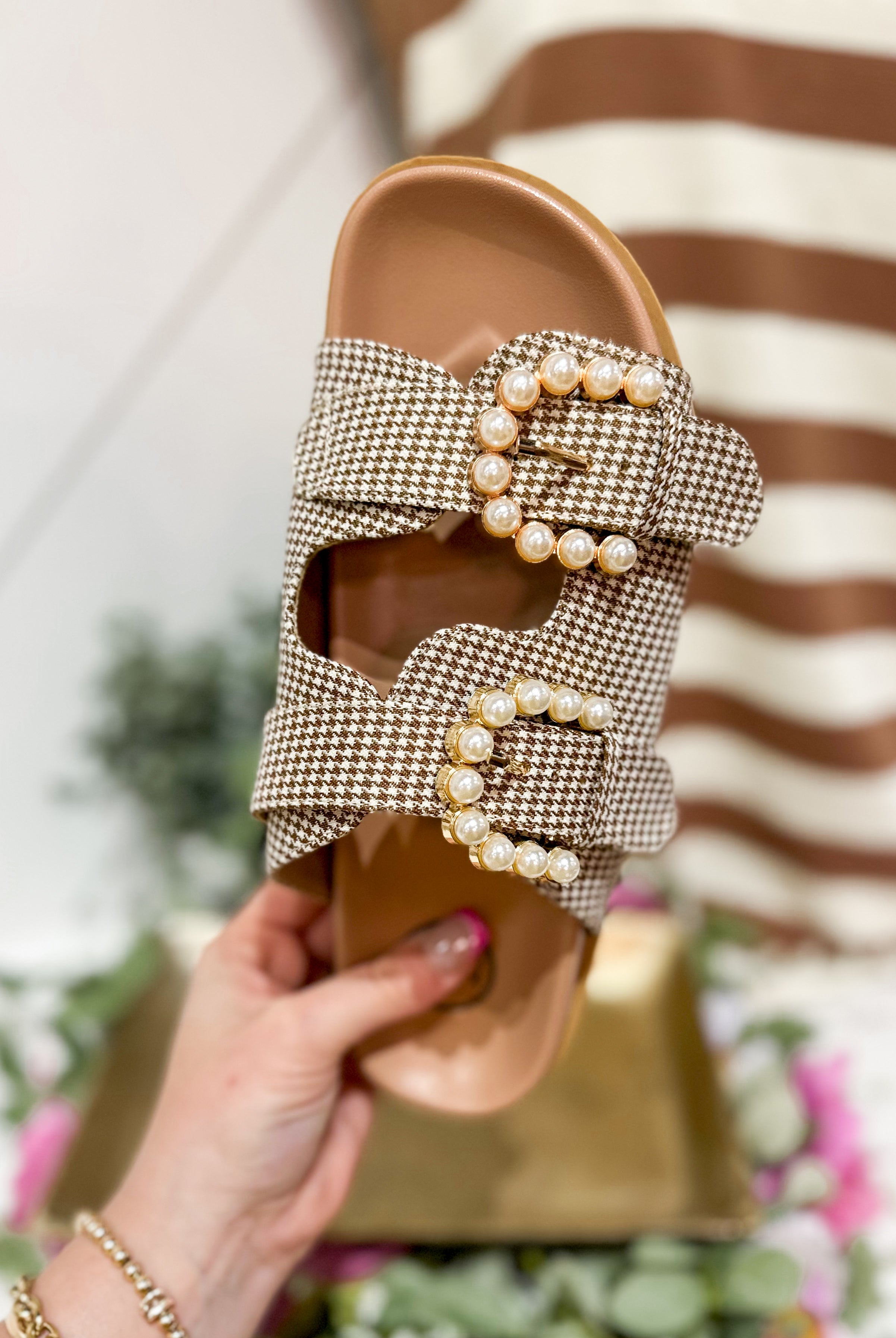 Kelly Nude Check Slides With Pearls - Be You Boutique