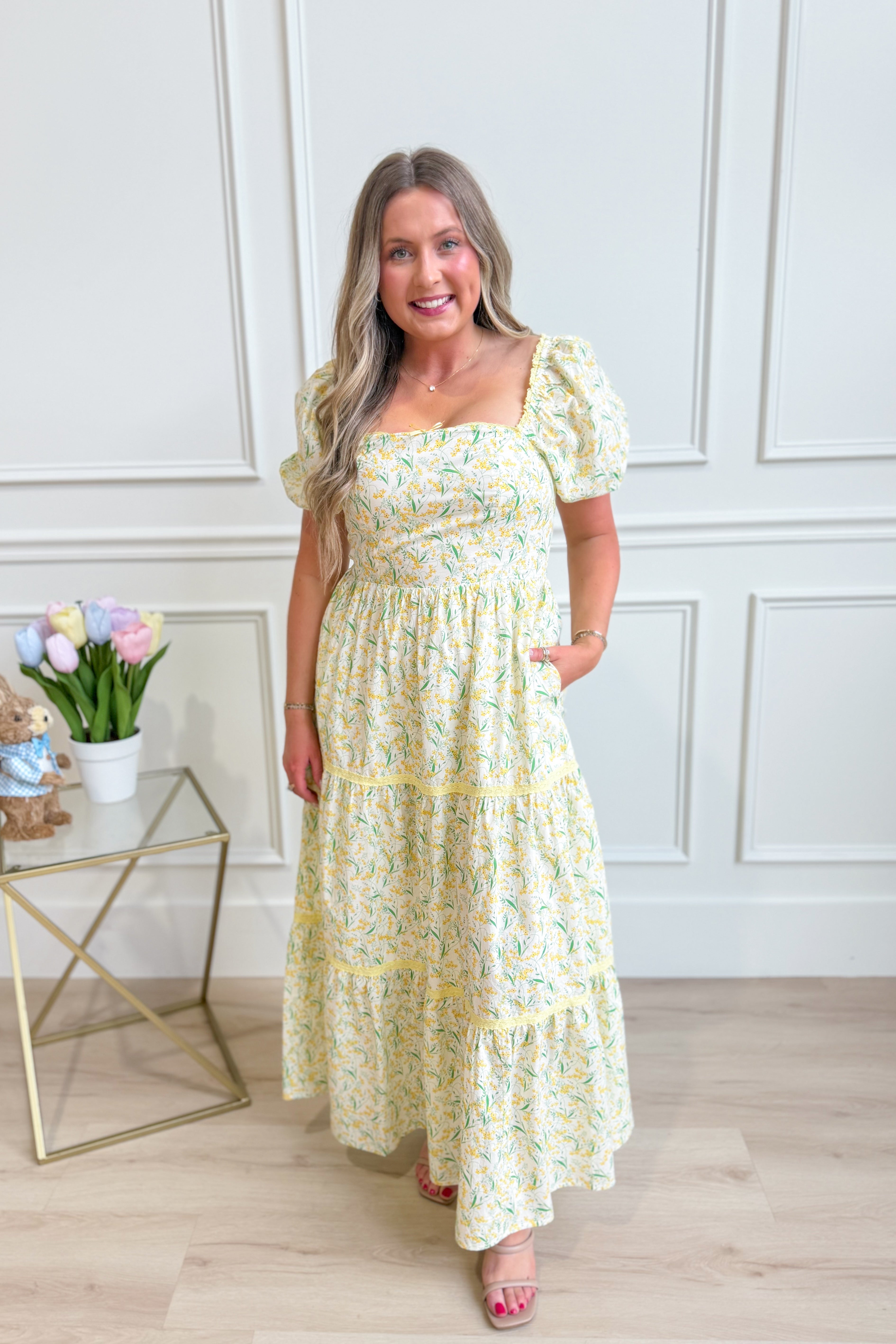 IN LOOM Bloom floral square neck maxi dress with a flowy silhouette and vibrant floral pattern, perfect for dressy occasions.