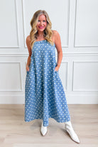 Aureum Mia polka dot denim dress for women, featuring a stylish, casual fit with a classic polka dot pattern and denim fabric.