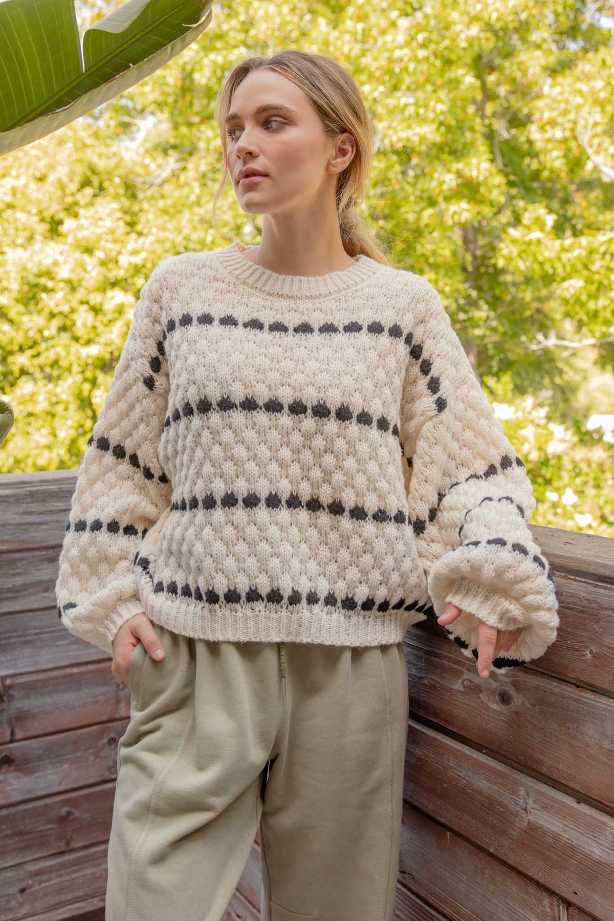 Cheryl Oversized Balloon Sleeve Stripe Knit Sweater