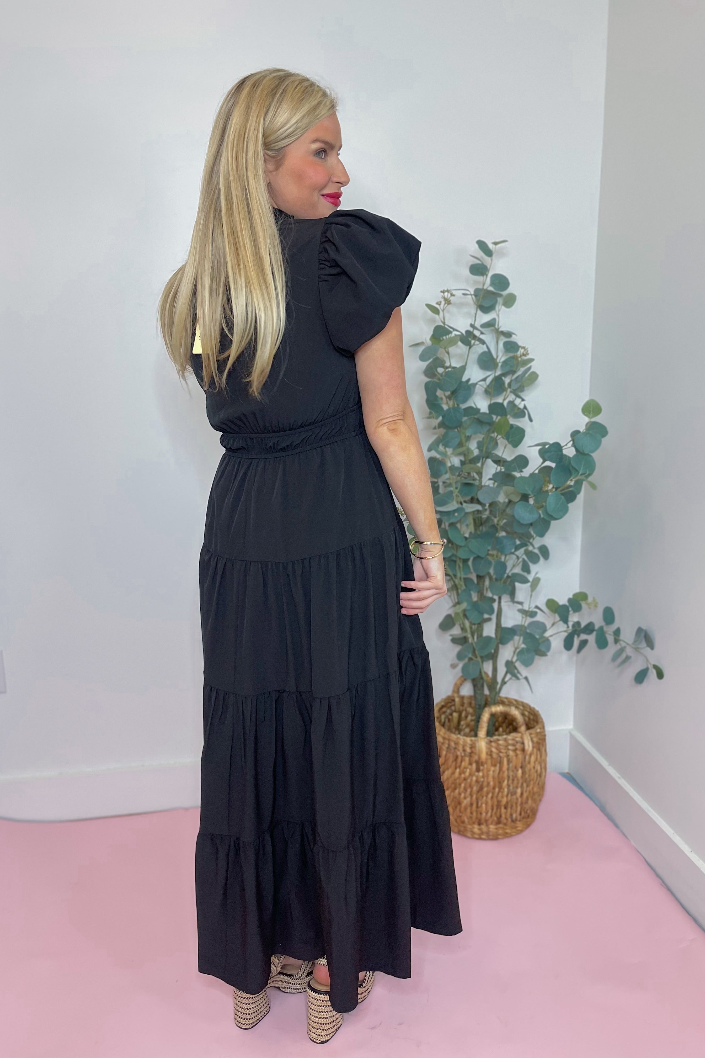 Martina V Neck Bubble Sleeve Tiered Midi Dress - Be You Boutique