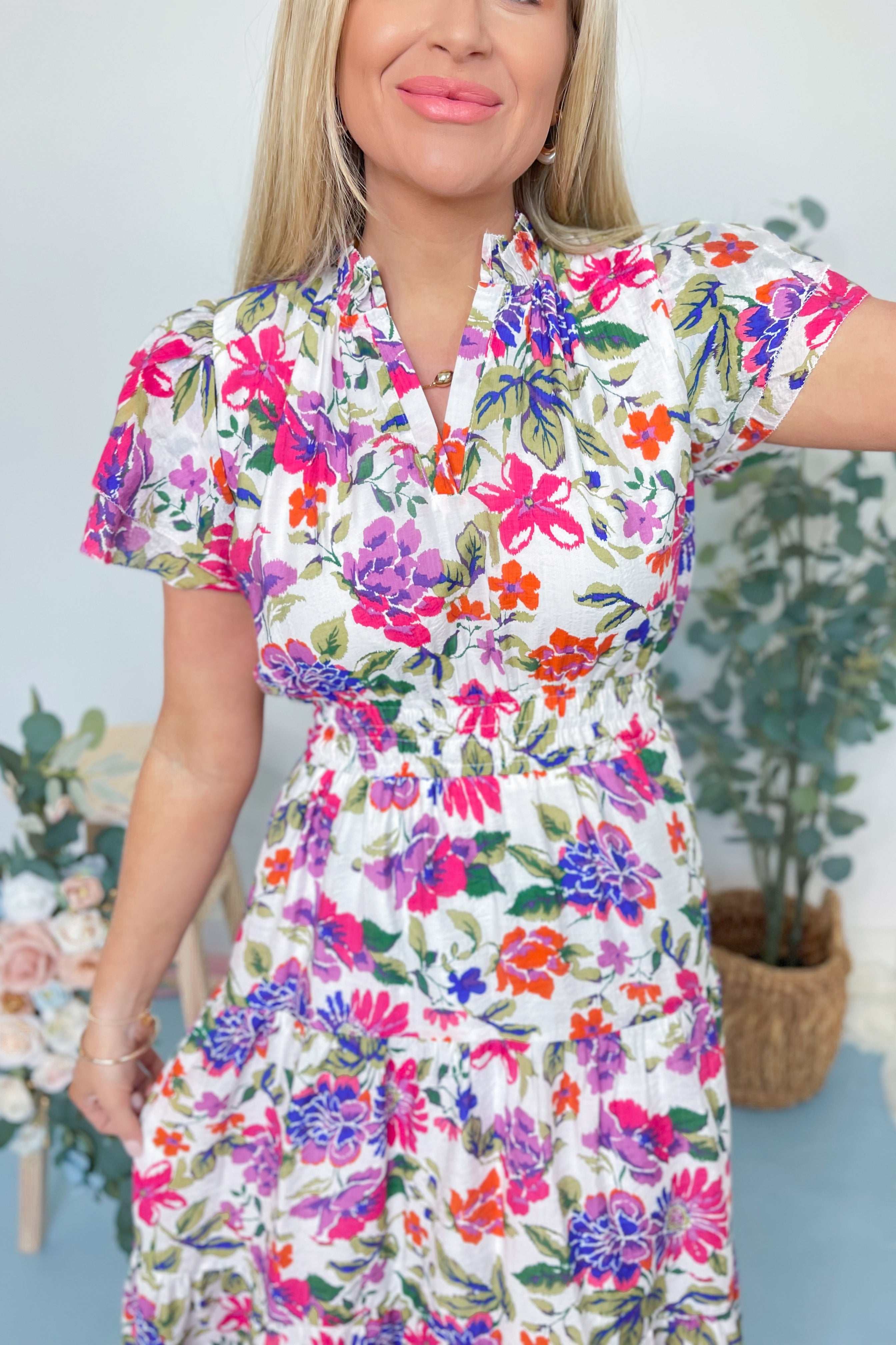 Leilah Floral Ruffle Neck Dress - Be You Boutique