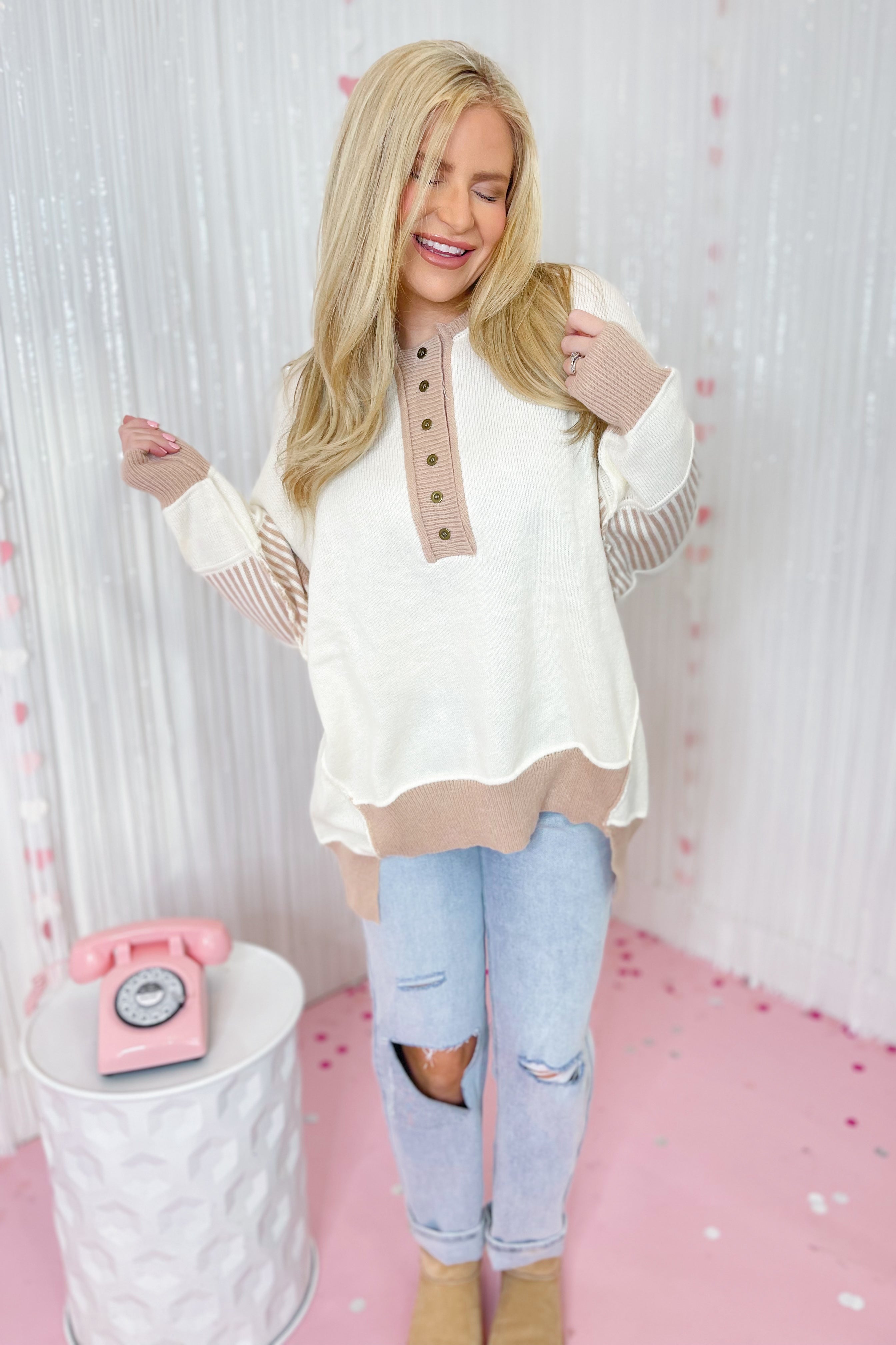 Morgan Color Contrast Oversized Placket Sweater - Be You Boutique