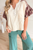 Callie Mineral Wash Plaid Puff Sleeve Top - Be You Boutique
