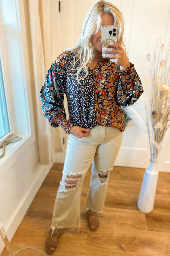 Hudson Floral Print Split Neck Top with High Low Hem - Be You Boutique