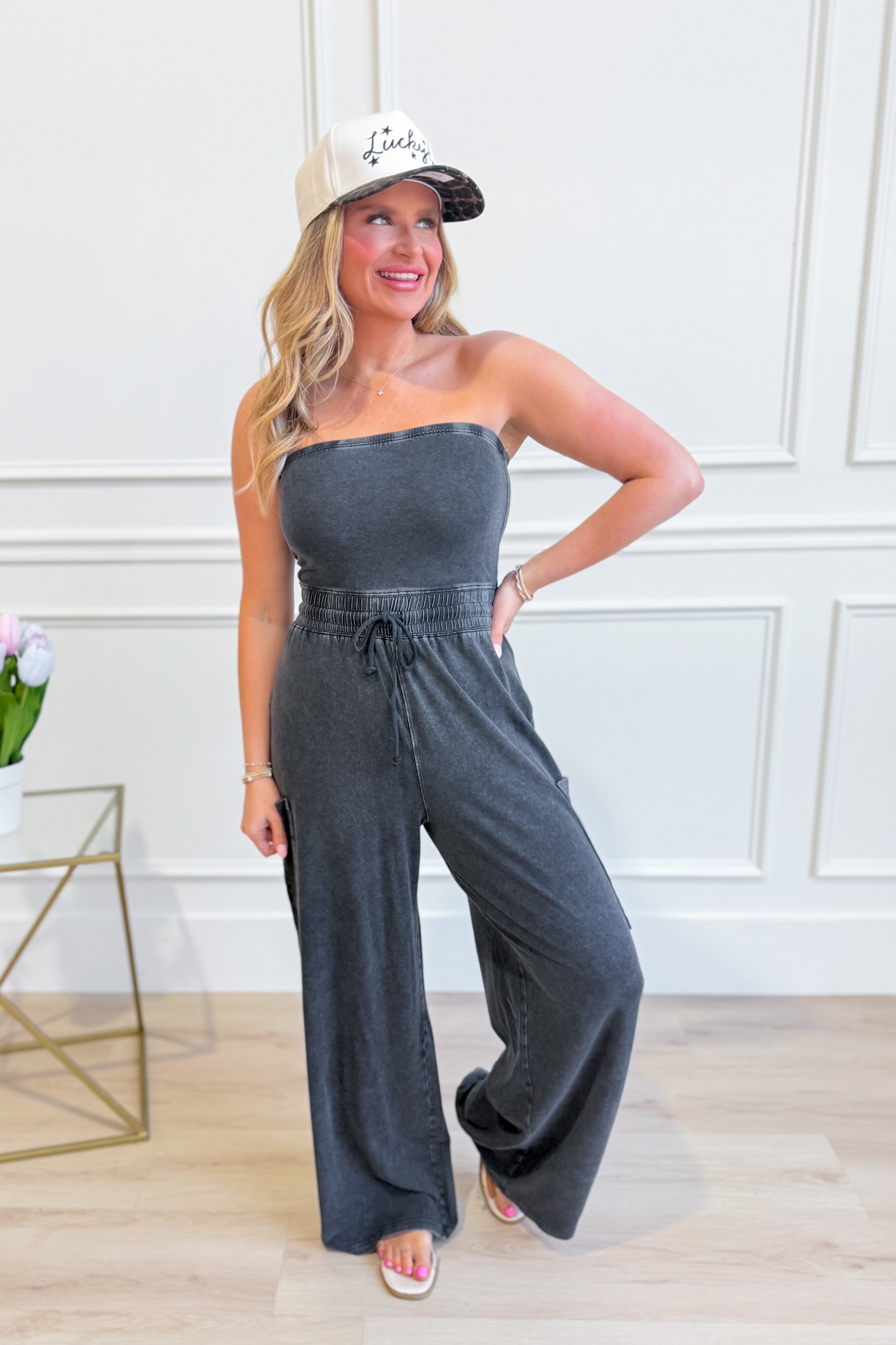 HYFVE Joni strapless mineral washed jumpsuit, casual romper with relaxed fit and soft fabric, front view showing neckline and pockets
