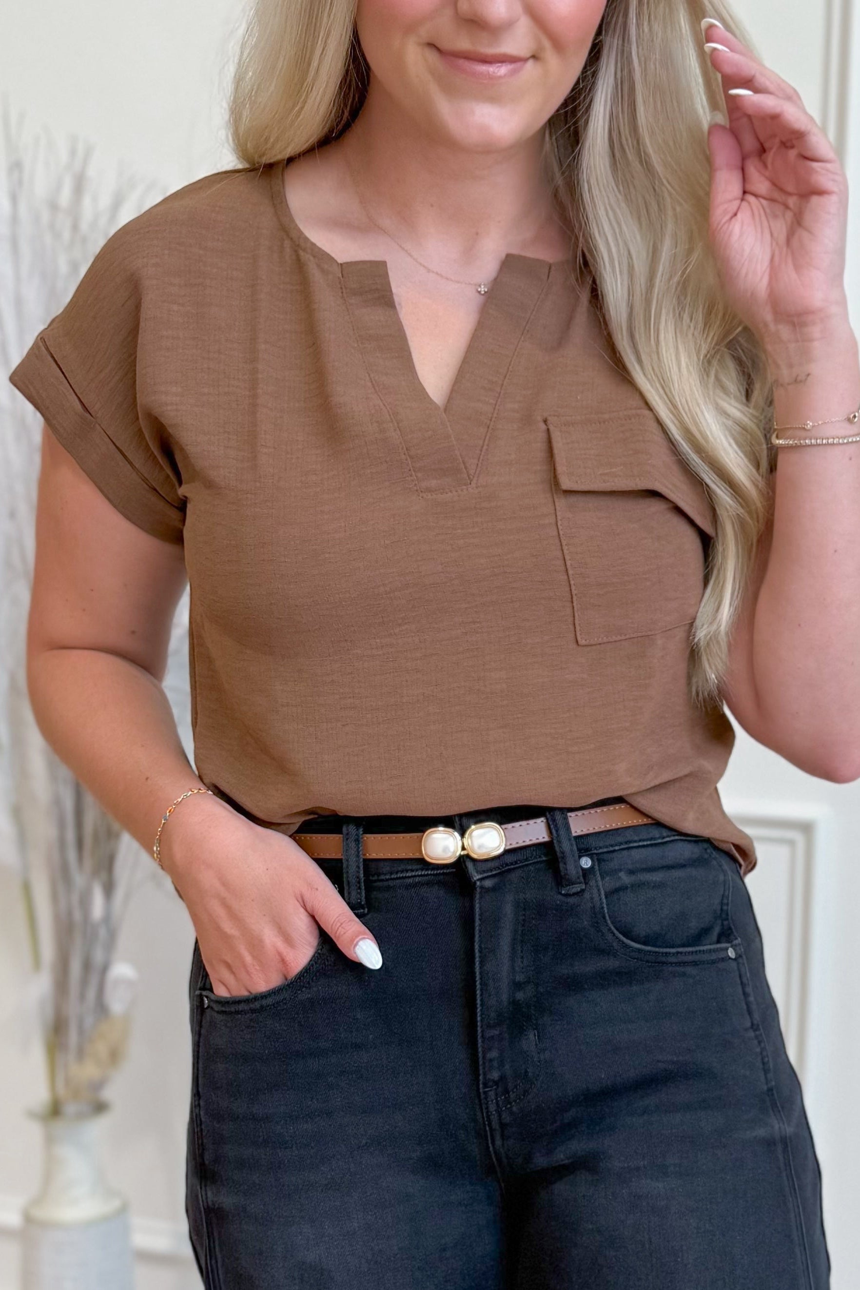 BLU PEPPER Courtney split neck back button top, casual 105 top in soft fabric, featuring a stylish split neckline and back buttons.