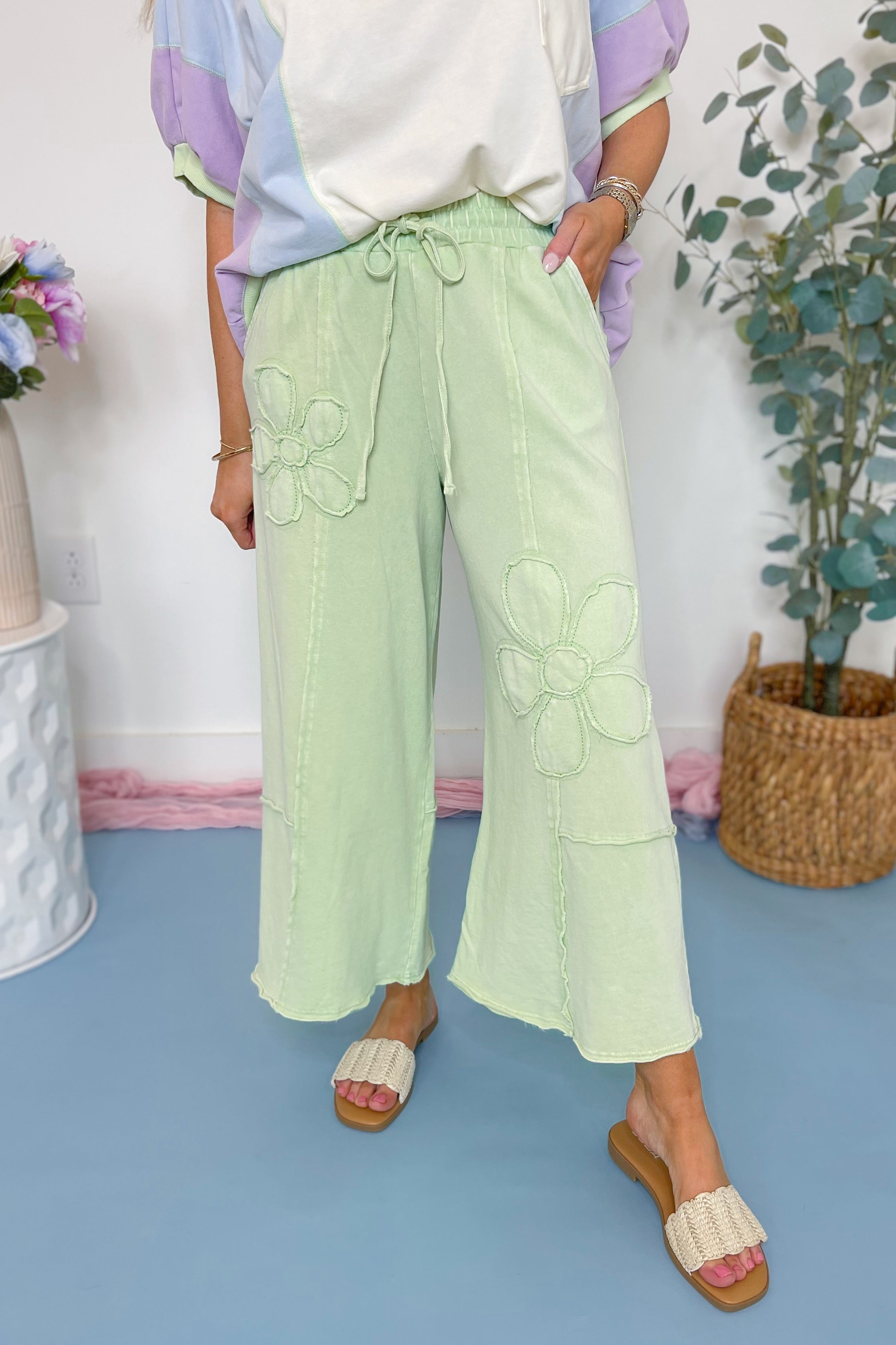 Laura Floral Detail Mineral Washed Terry Knit Wide Leg Pants - Be You Boutique