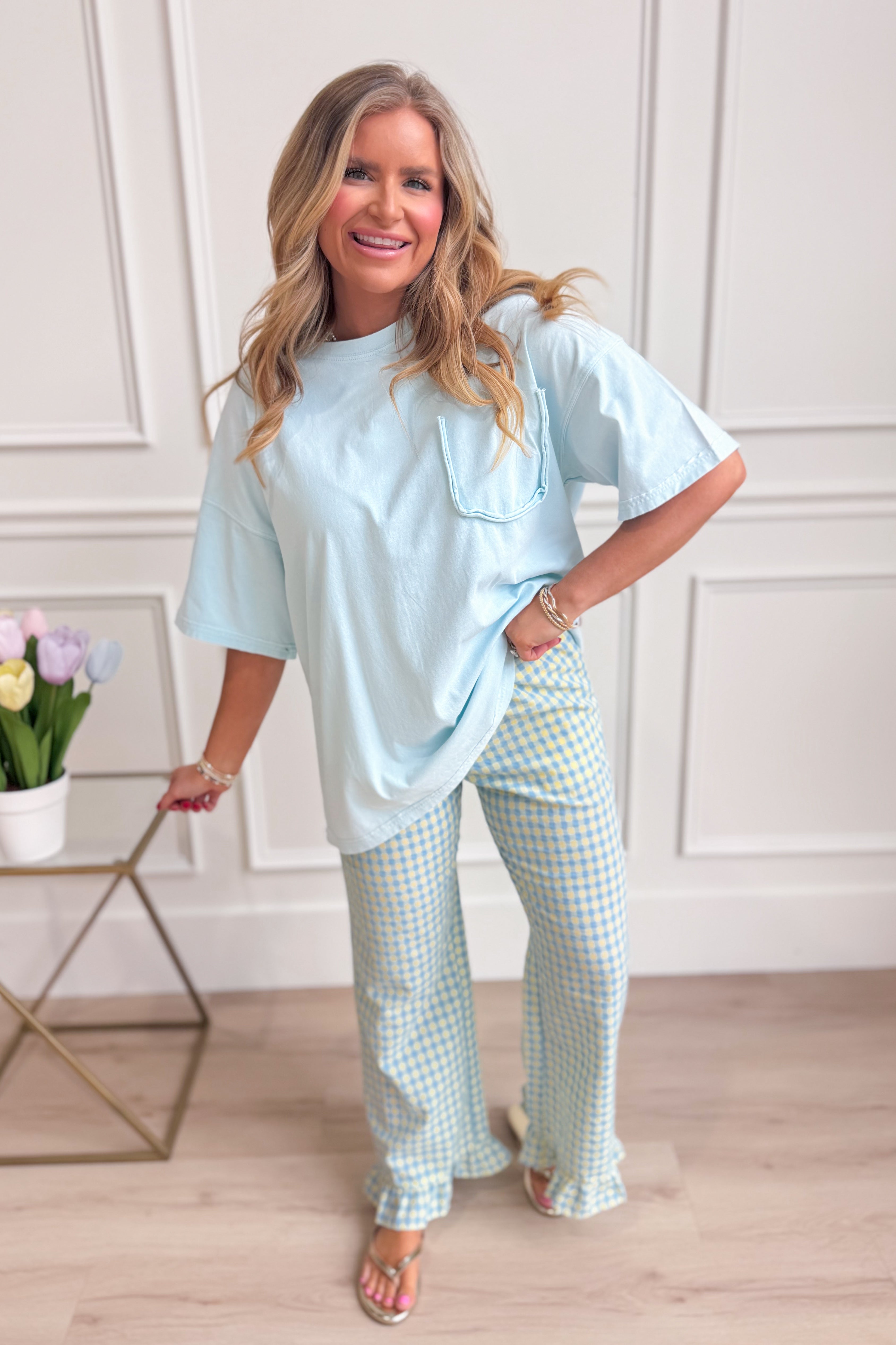 EASEL Leeland Basic Cotton Blue Top from the 105 Casual Tops collection, featuring a soft, comfortable blue cotton fabric.