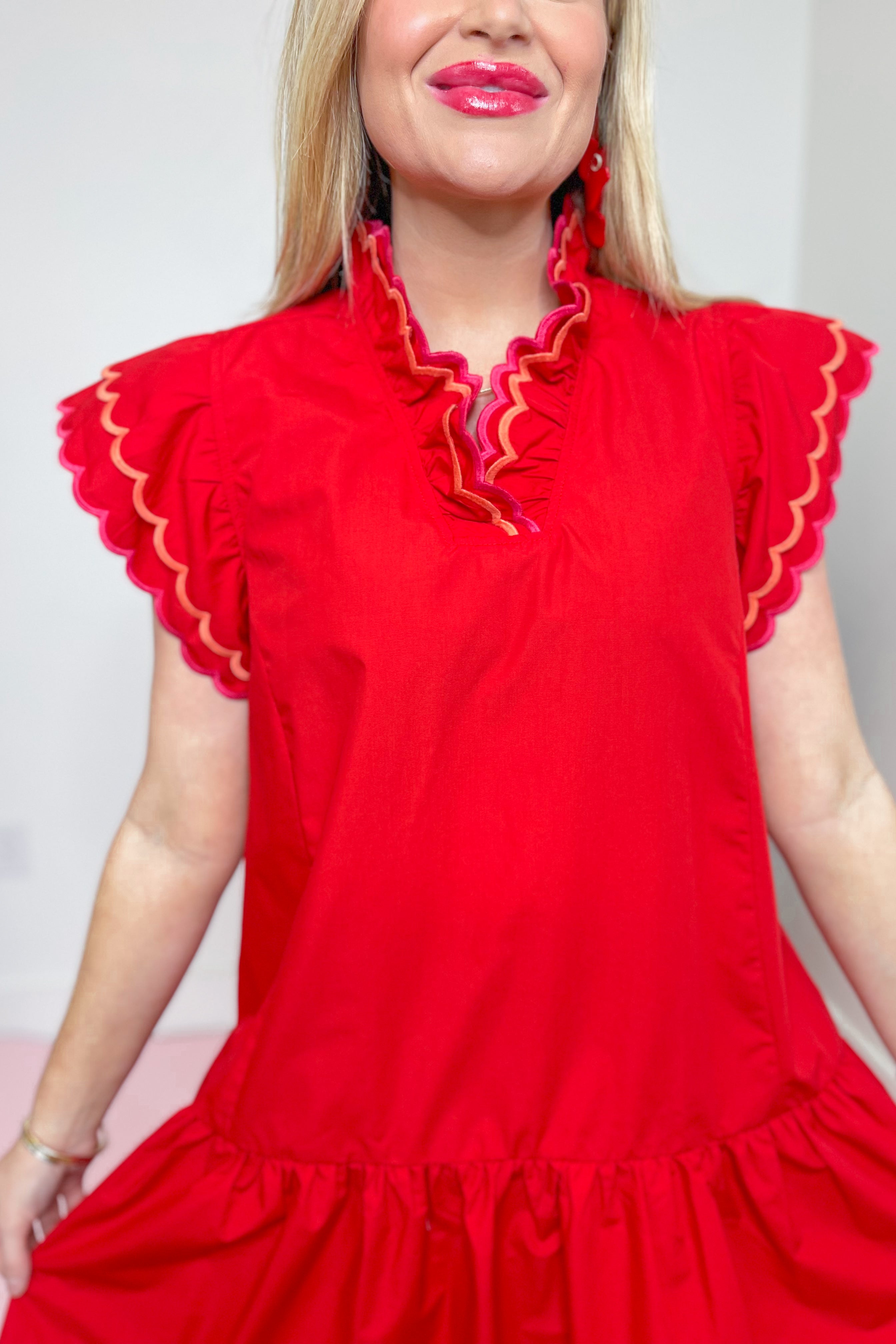 Kacy Scalloped Ruffle Sleeve Dress - Red - Be You Boutique