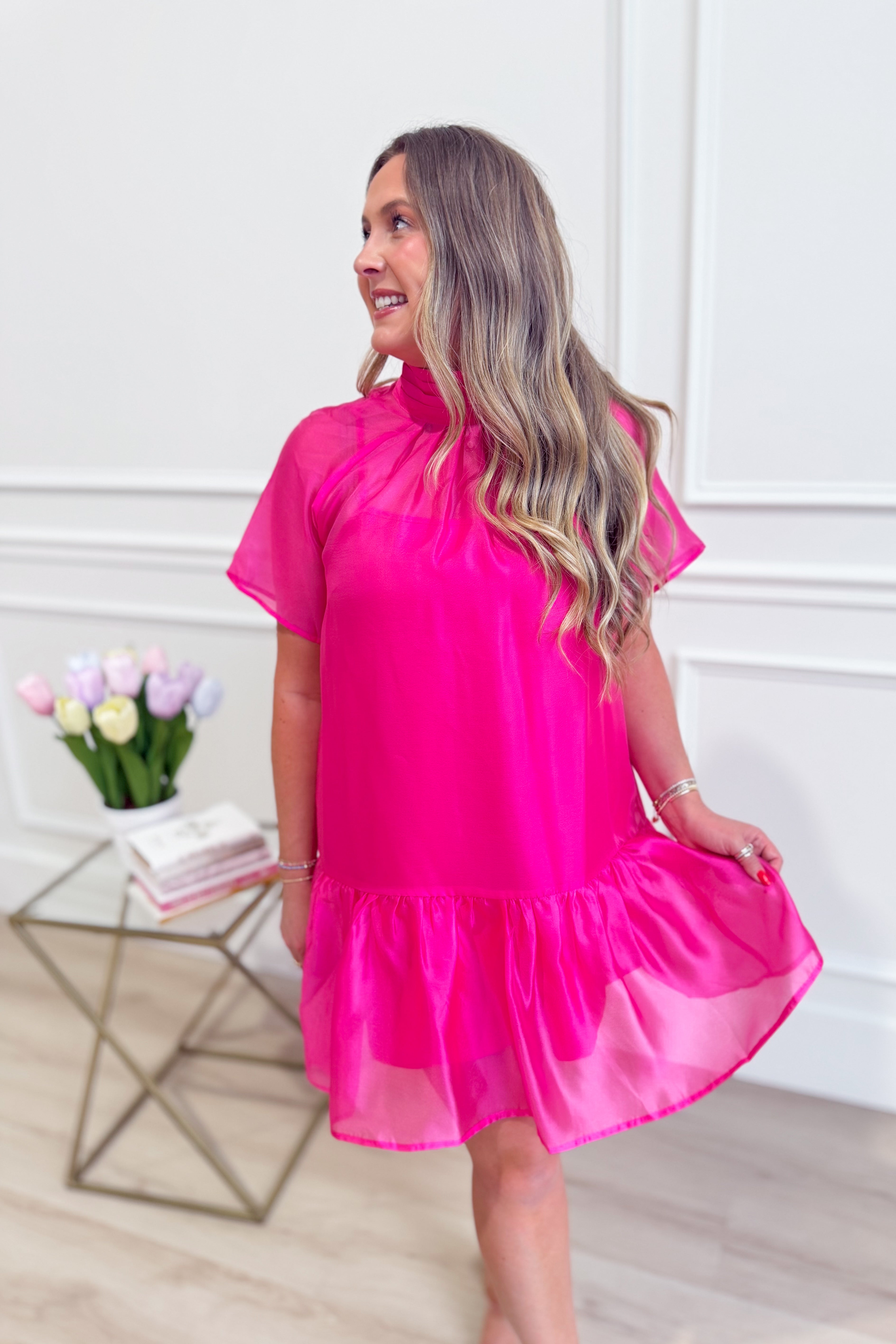 Kim Hot Pink Flutter Sleeve Mock Neck Dress by ENTRO, showing a stylish dress with flutter sleeves and a mock neckline.