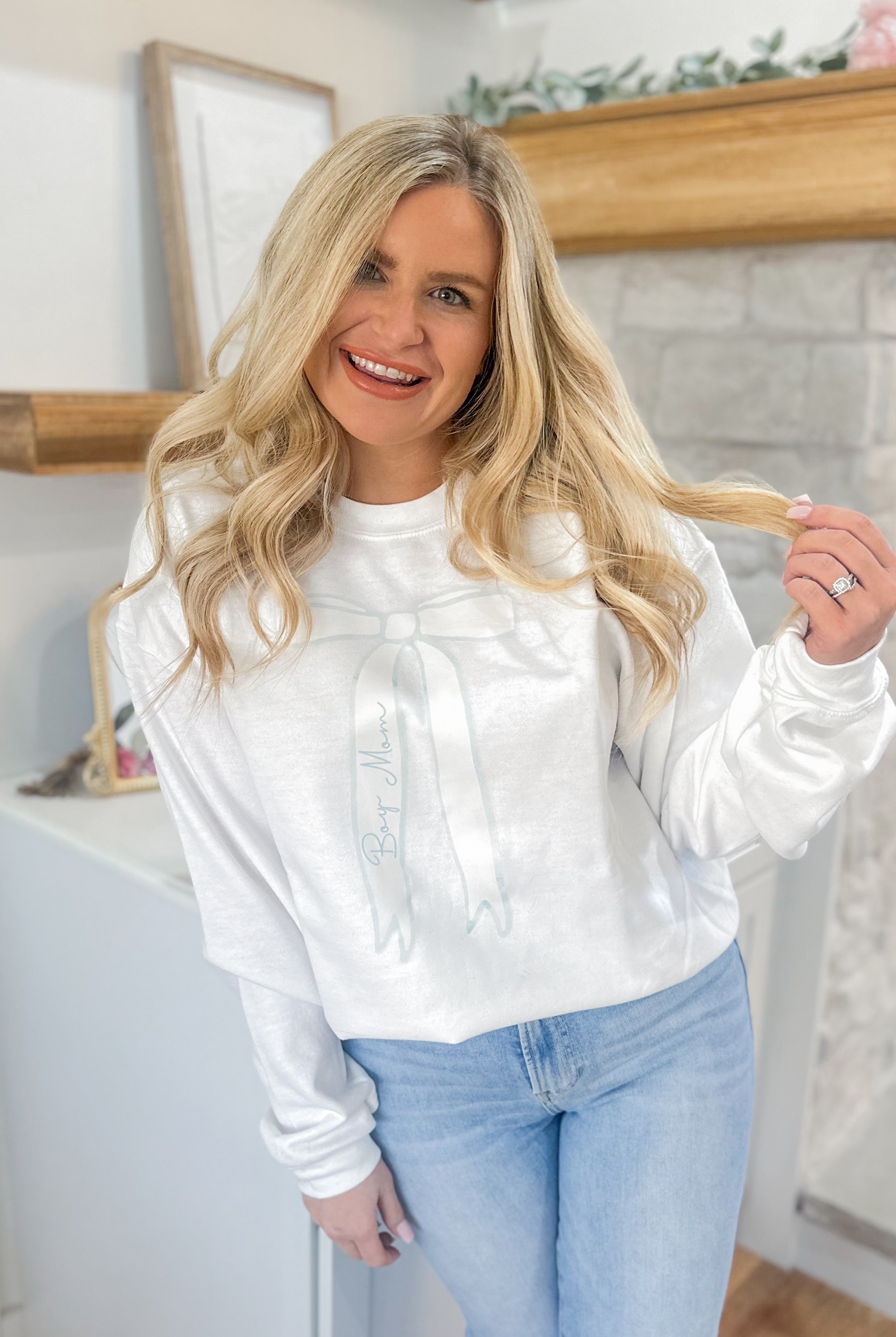 Dainty Blue Bow for MOM Long Sleeve Crew Neck Sweatshirt - Be You Boutique