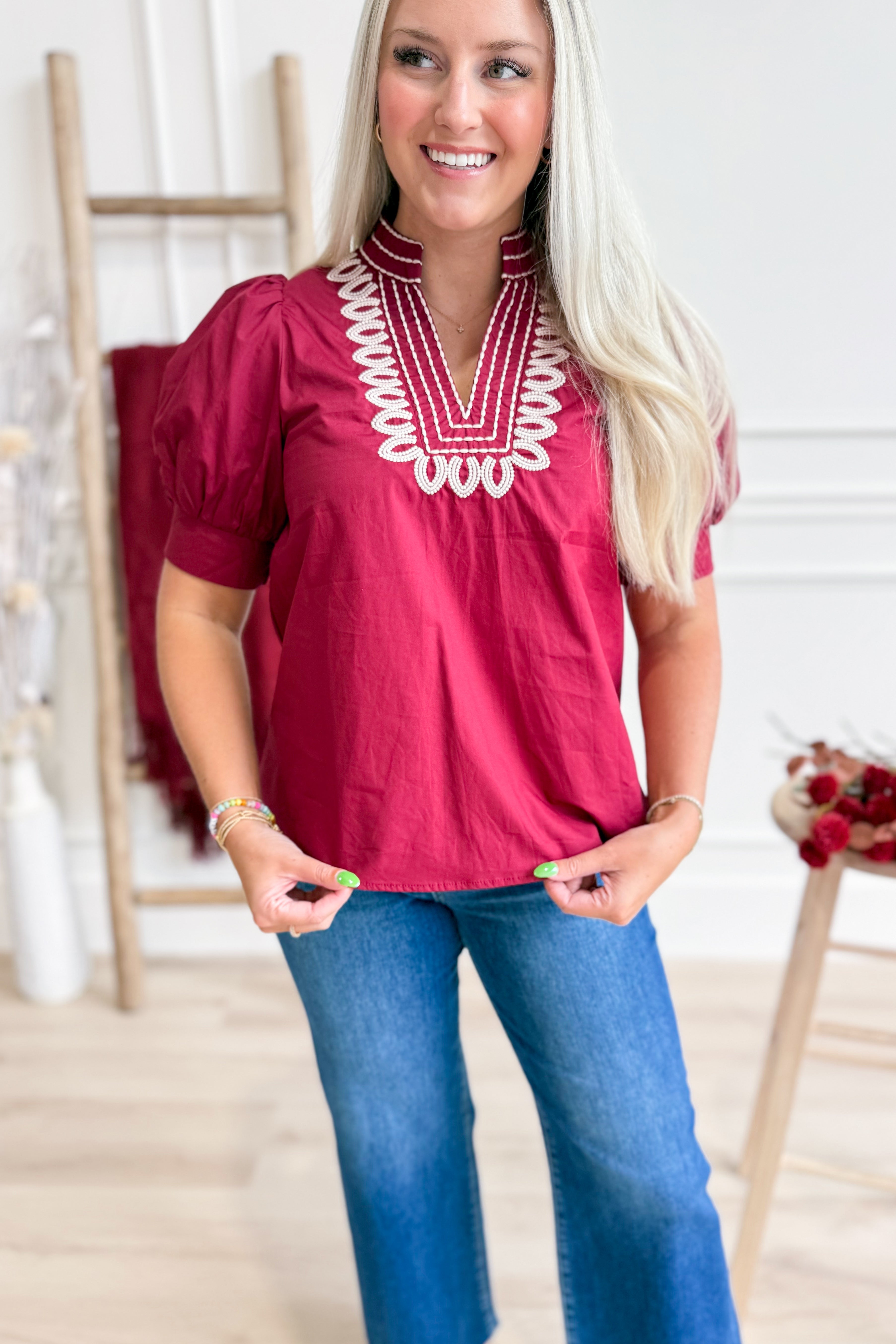 Savannah Puff Sleeve Embroidered Top - Be You Boutique