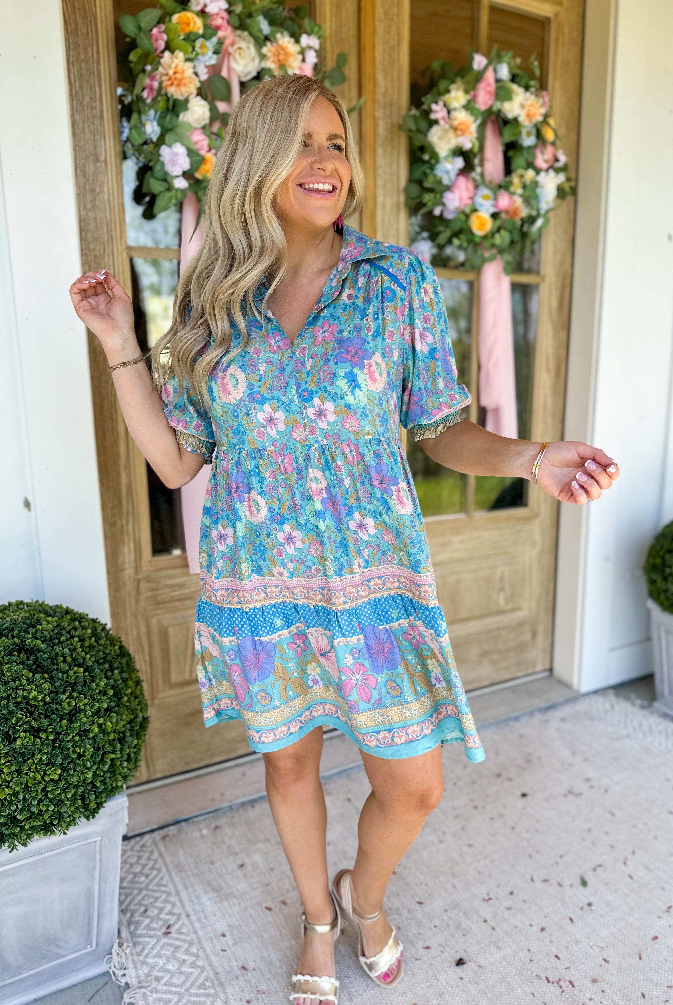 Lizzy Collared Short Sleeve Dress with Short Smocked Sleeve - Be You Boutique