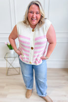 Carrie striped sleeveless sweater top by SHE + SKY, stylish 131 Spring sweater, featuring colorful horizontal stripes and a fitted design.