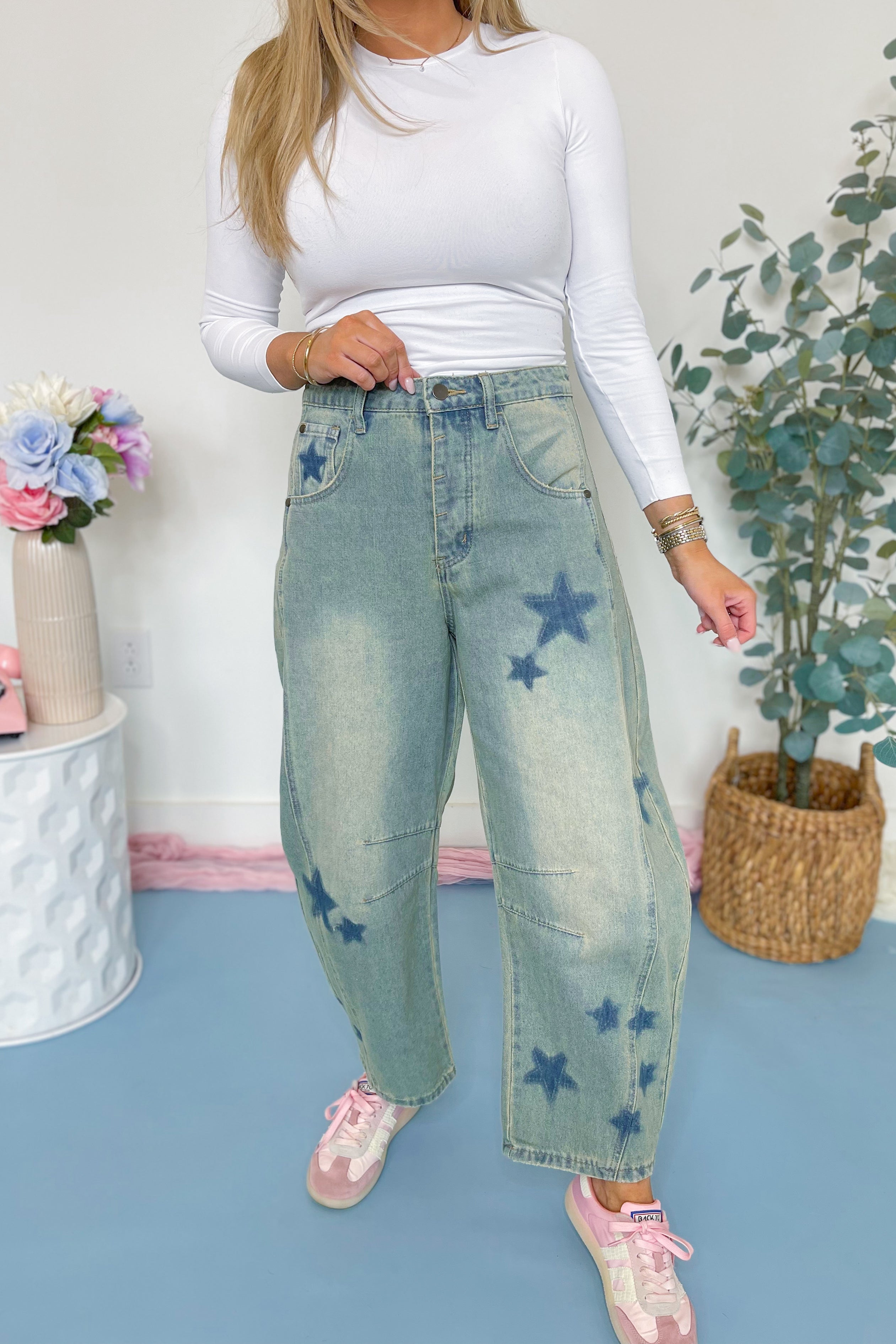 Star Printed Barrel Denim Pants - Be You Boutique