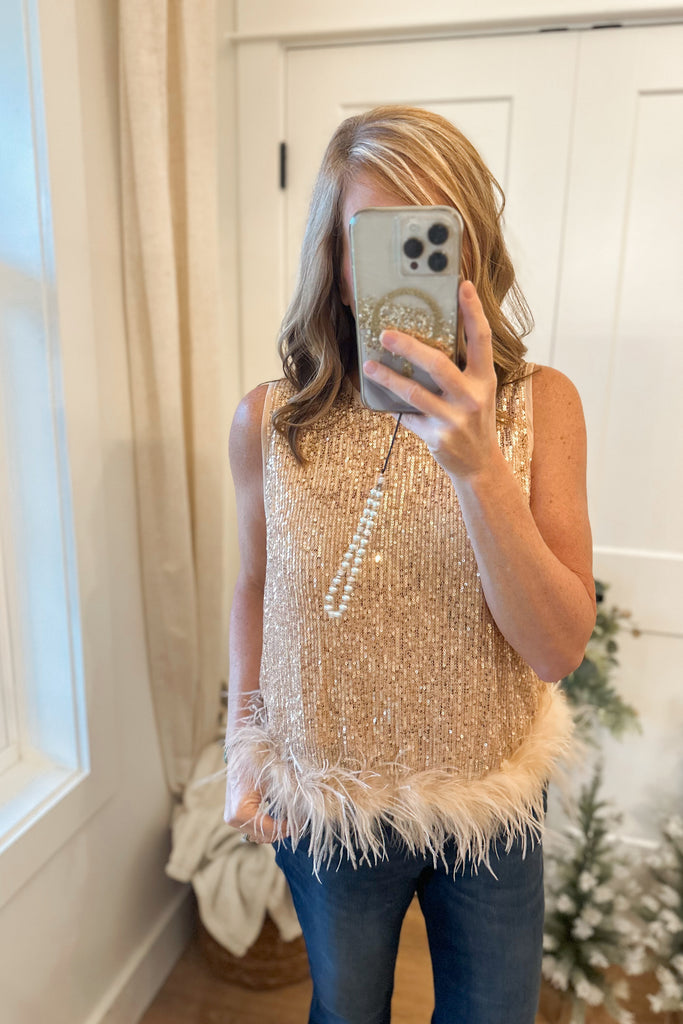 Chester Sparkle Round Neck Sleeveless Feather Trim Top - Be You Boutique