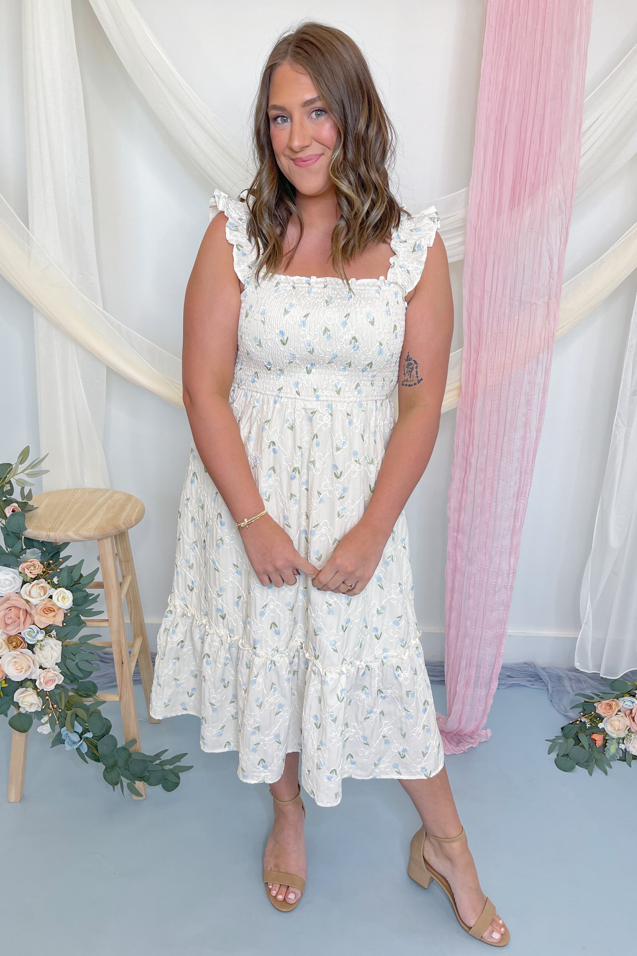 Poppy Ruffle Strap Smocked Floral Midi Dress - Be You Boutique
