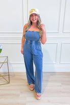 HYFVE Joni strapless mineral washed jumpsuit from the 153 Rompers collection, shown in a relaxed, casual style with a strapless design.