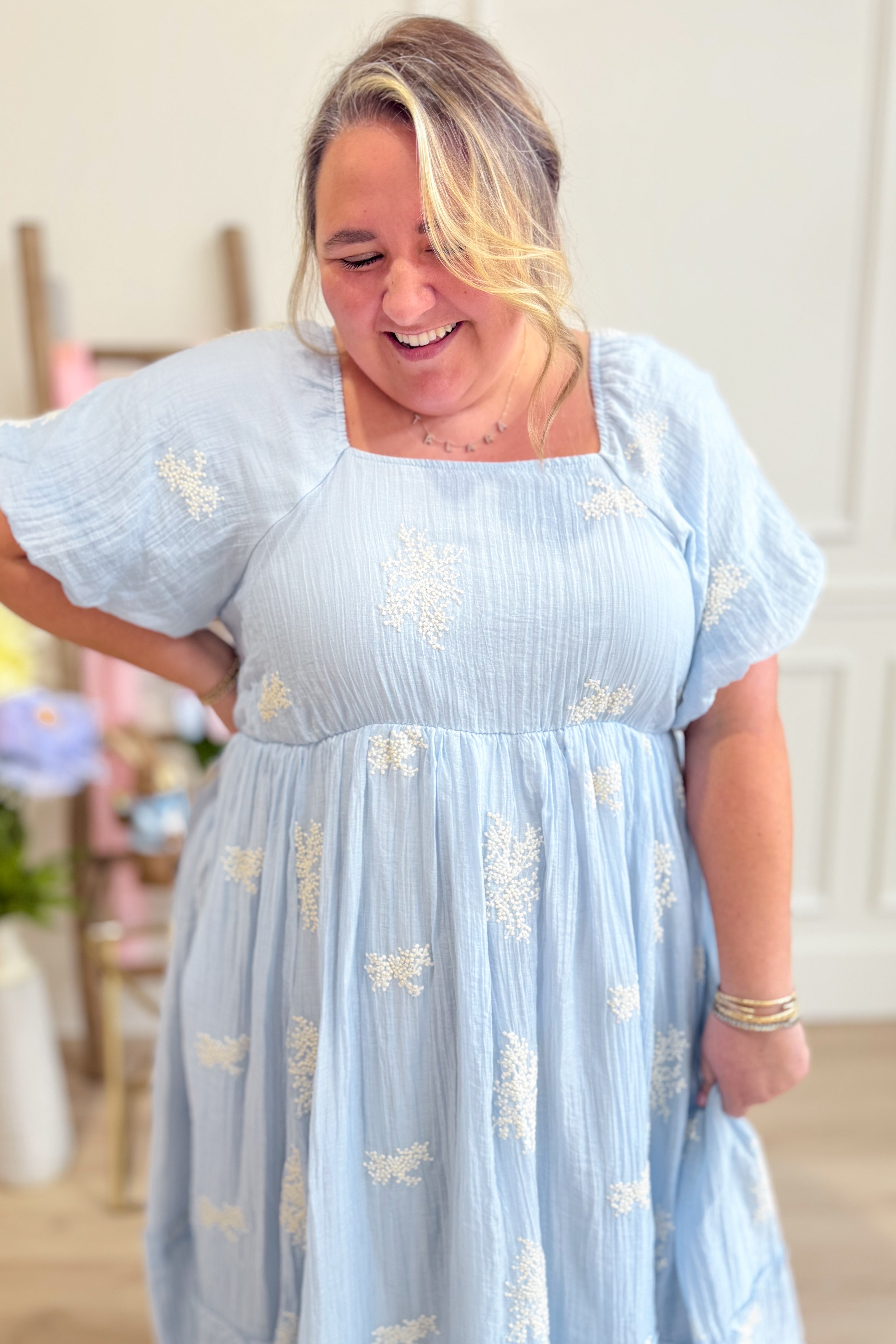 Whitney Embroidered Square Neck Bubble Dress - Be You Boutique