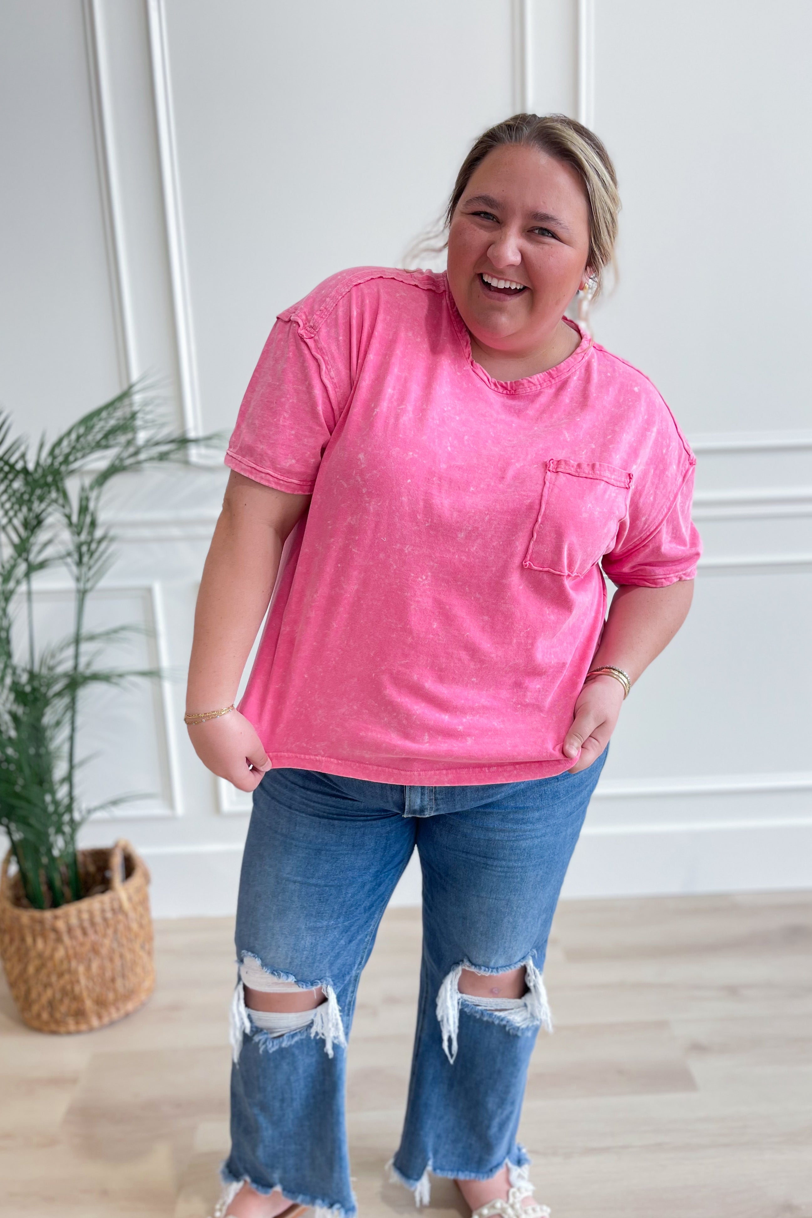 Clara Short Sleeve Washed Knit Pocket Tee - Pink - Be You Boutique