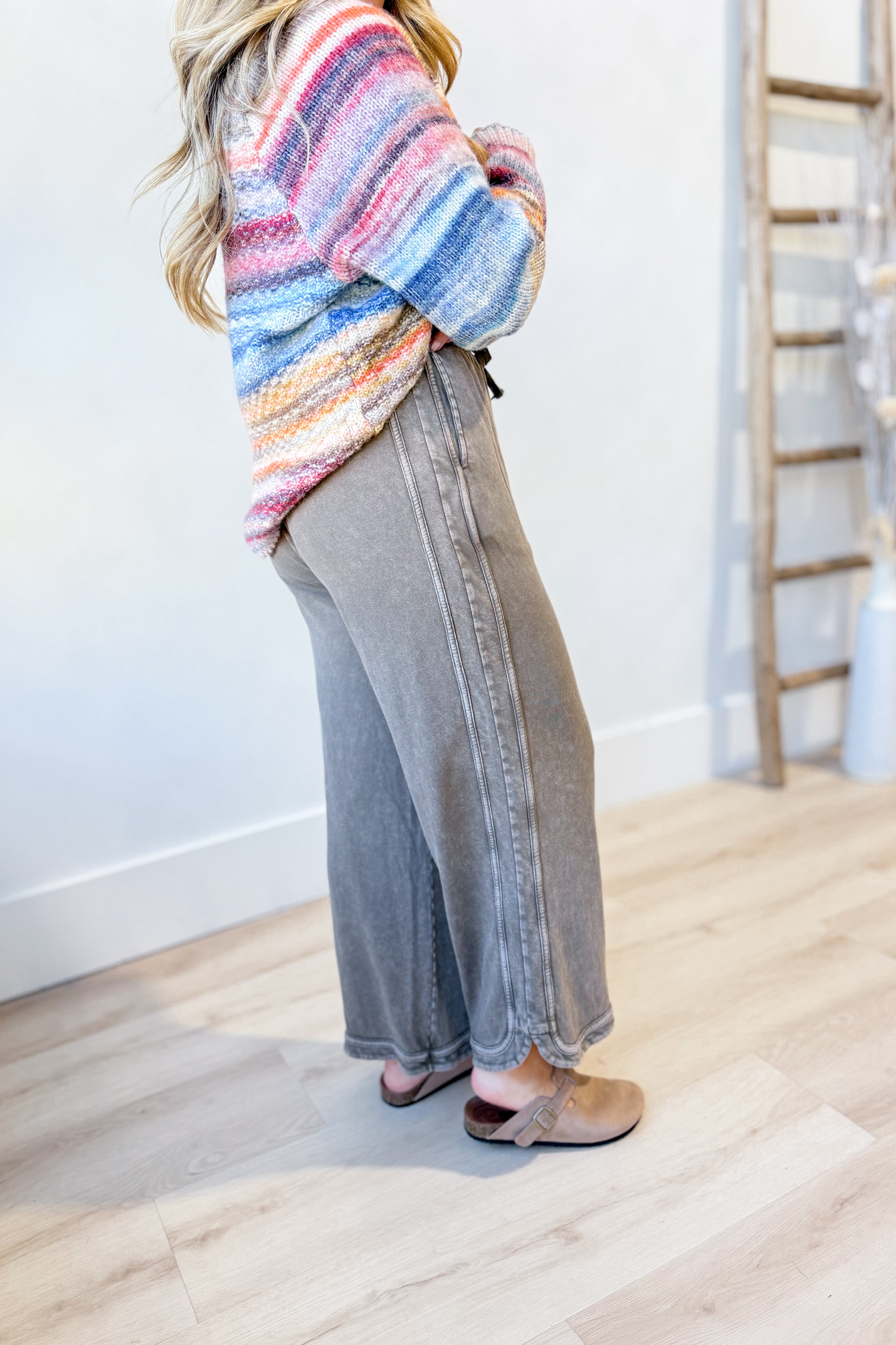EASEL Cooper Dk Chocolate washed terry knit pant, 156 pants, front view showing relaxed fit and soft fabric texture