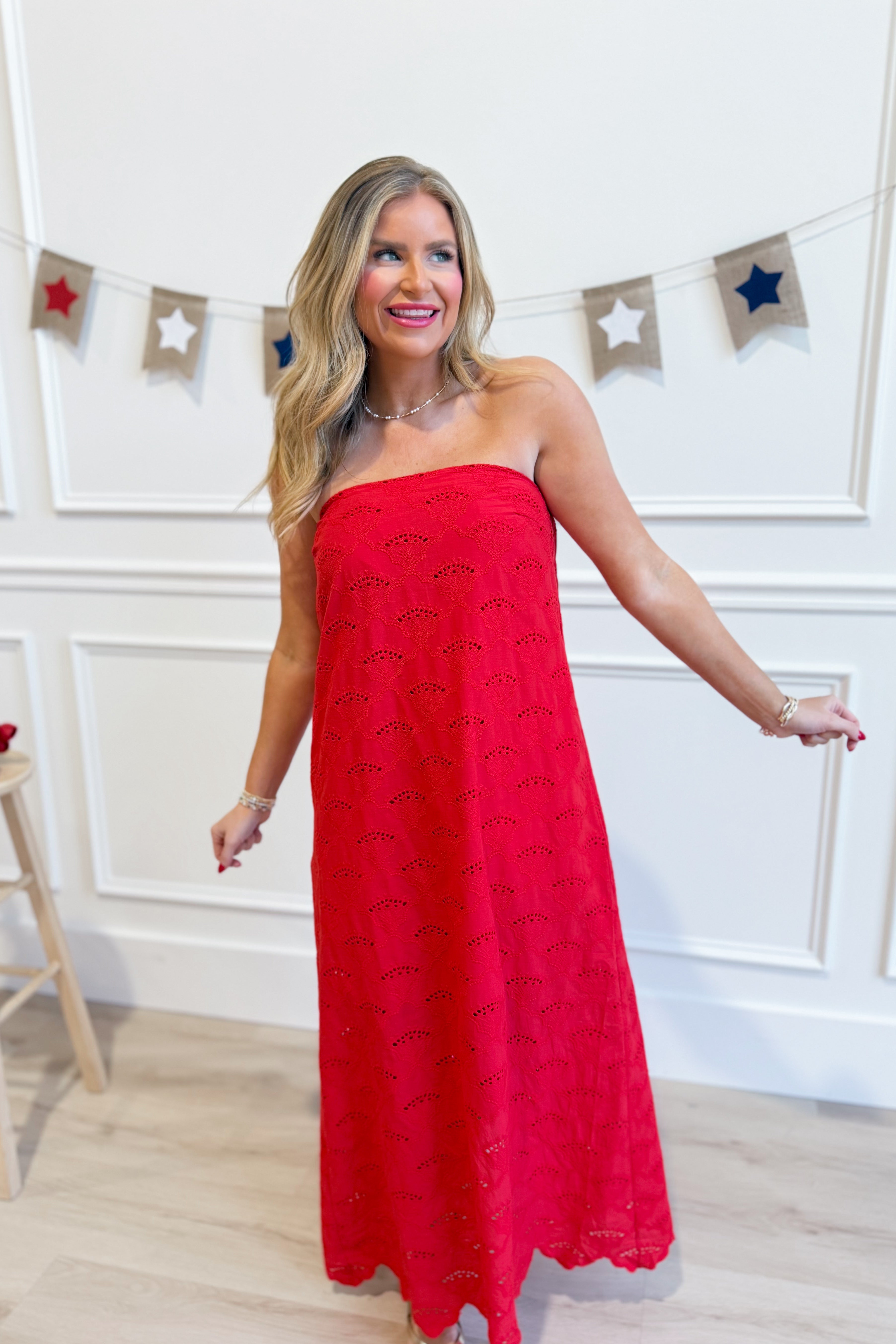 ENTRO Sunday Eyelet Scallop Trim Dress displayed on a hanger, featuring eyelet fabric and scallop detailing for a dressy look.