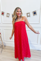 ENTRO Sunday Eyelet Scallop Trim Dress displayed on a hanger, featuring eyelet fabric and scallop detailing for a dressy look.