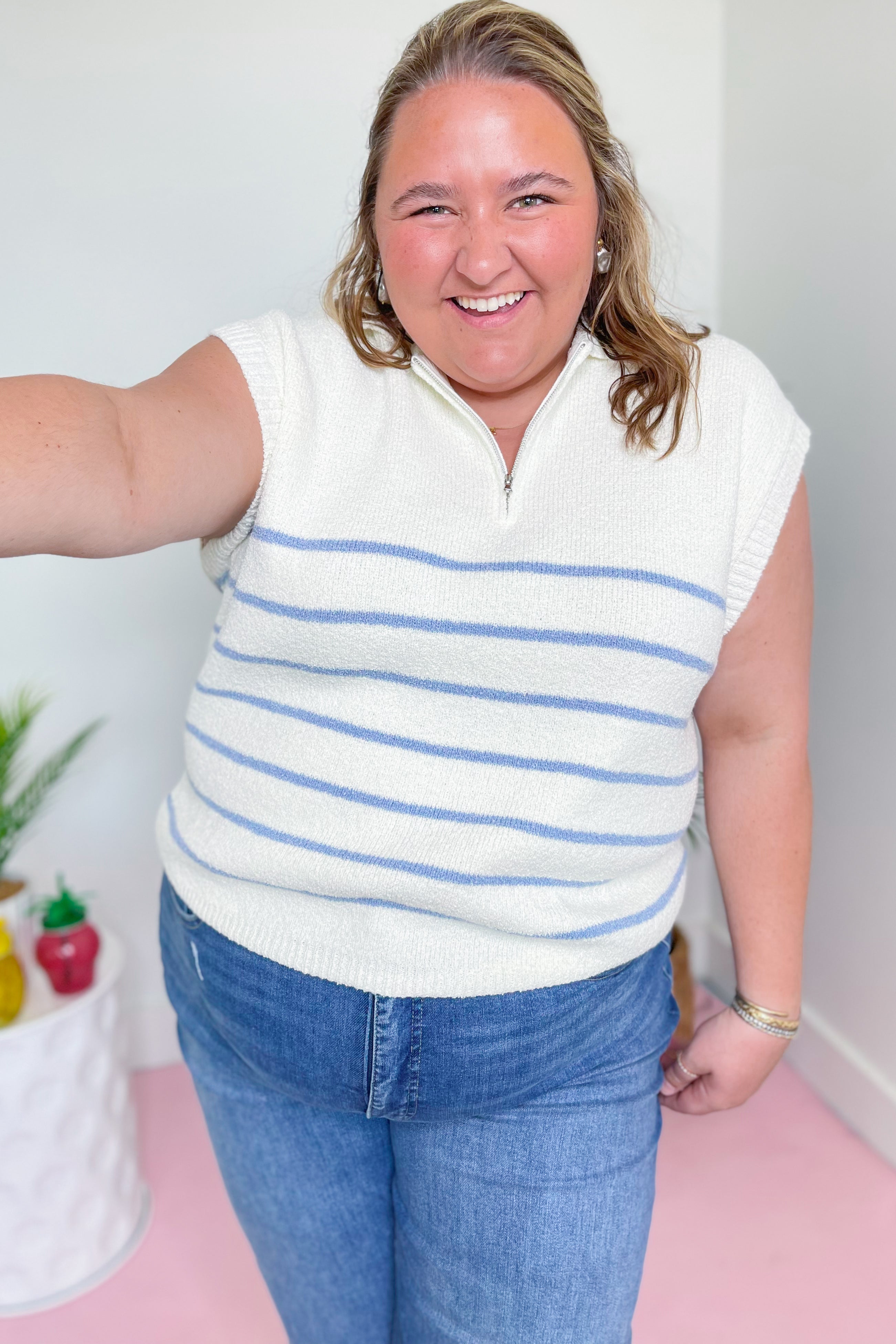 Sue Striped Quarter Zip Sweater Knit Top - Be You Boutique