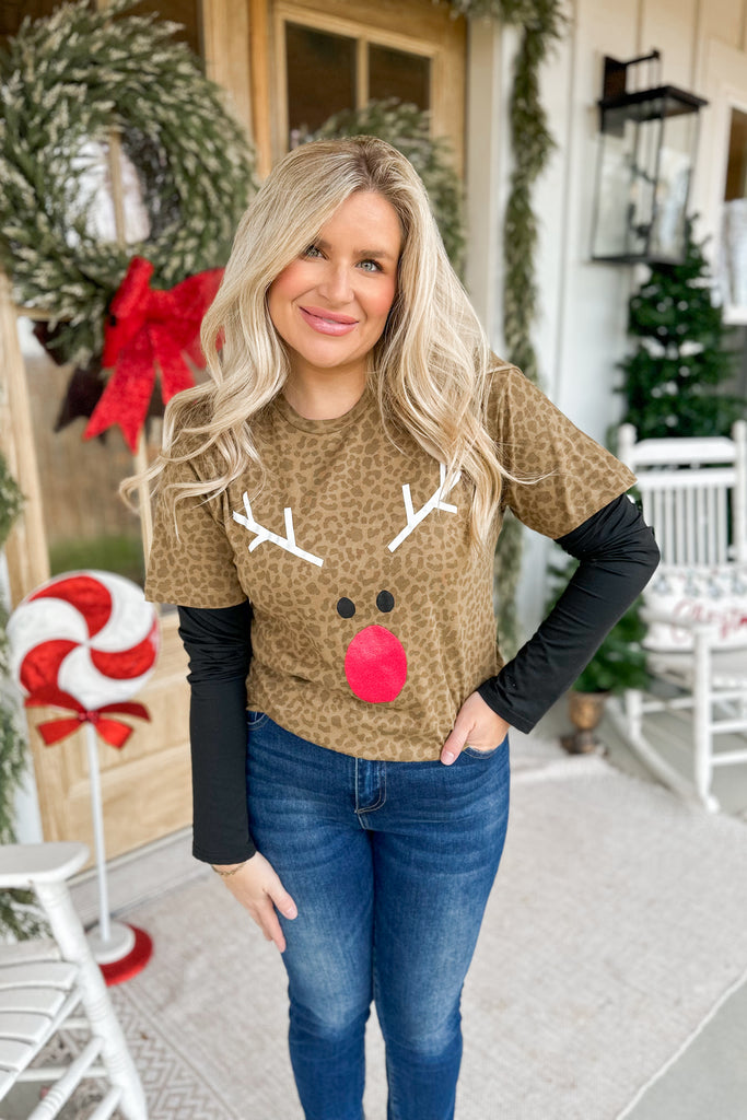 Animal Print Reindeer Glitter Nose Christmas Graphic Tee - Be You Boutique