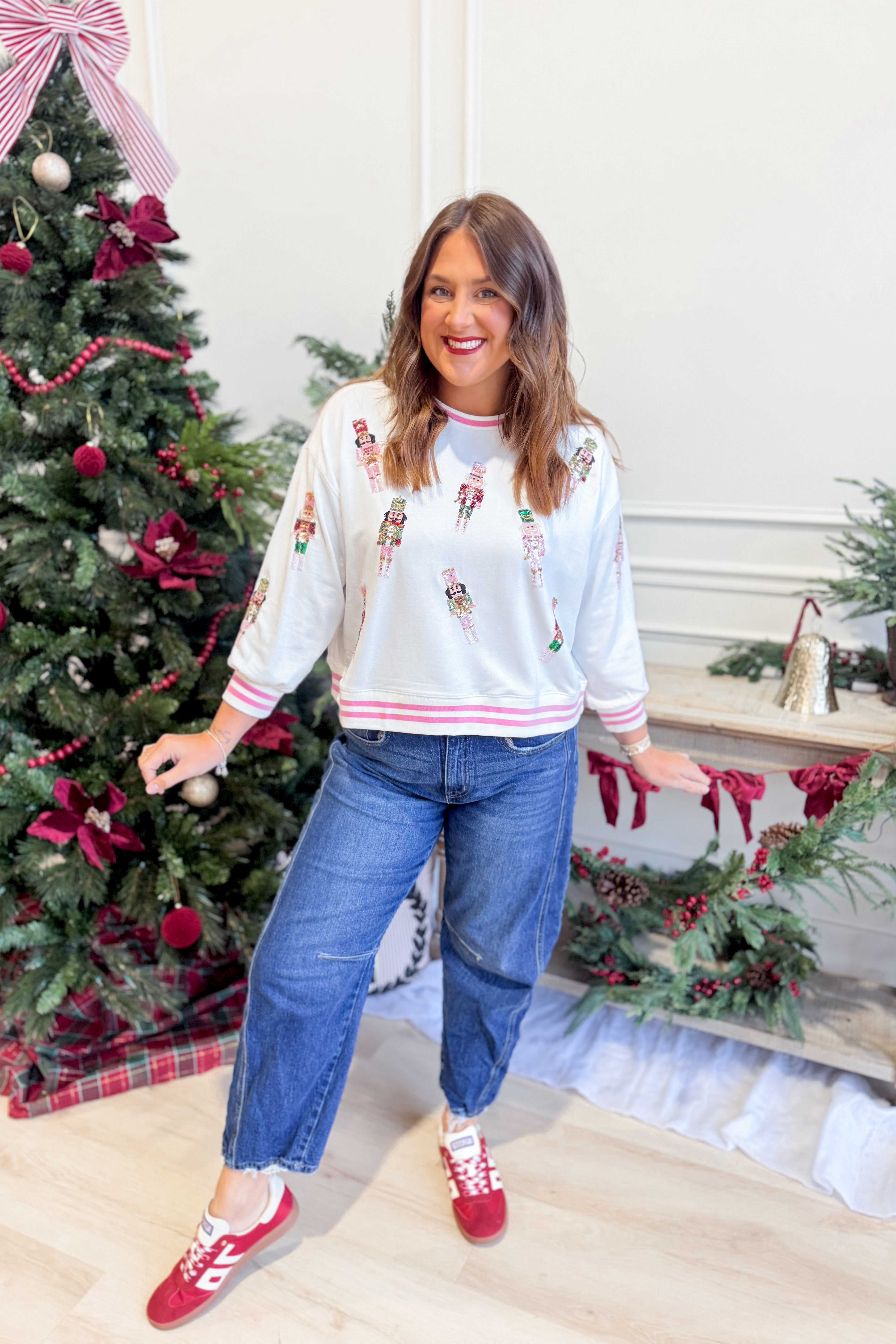 Mary Square Millie Nutcracker sequin pullover graphic sweatshirt in festive red and green design