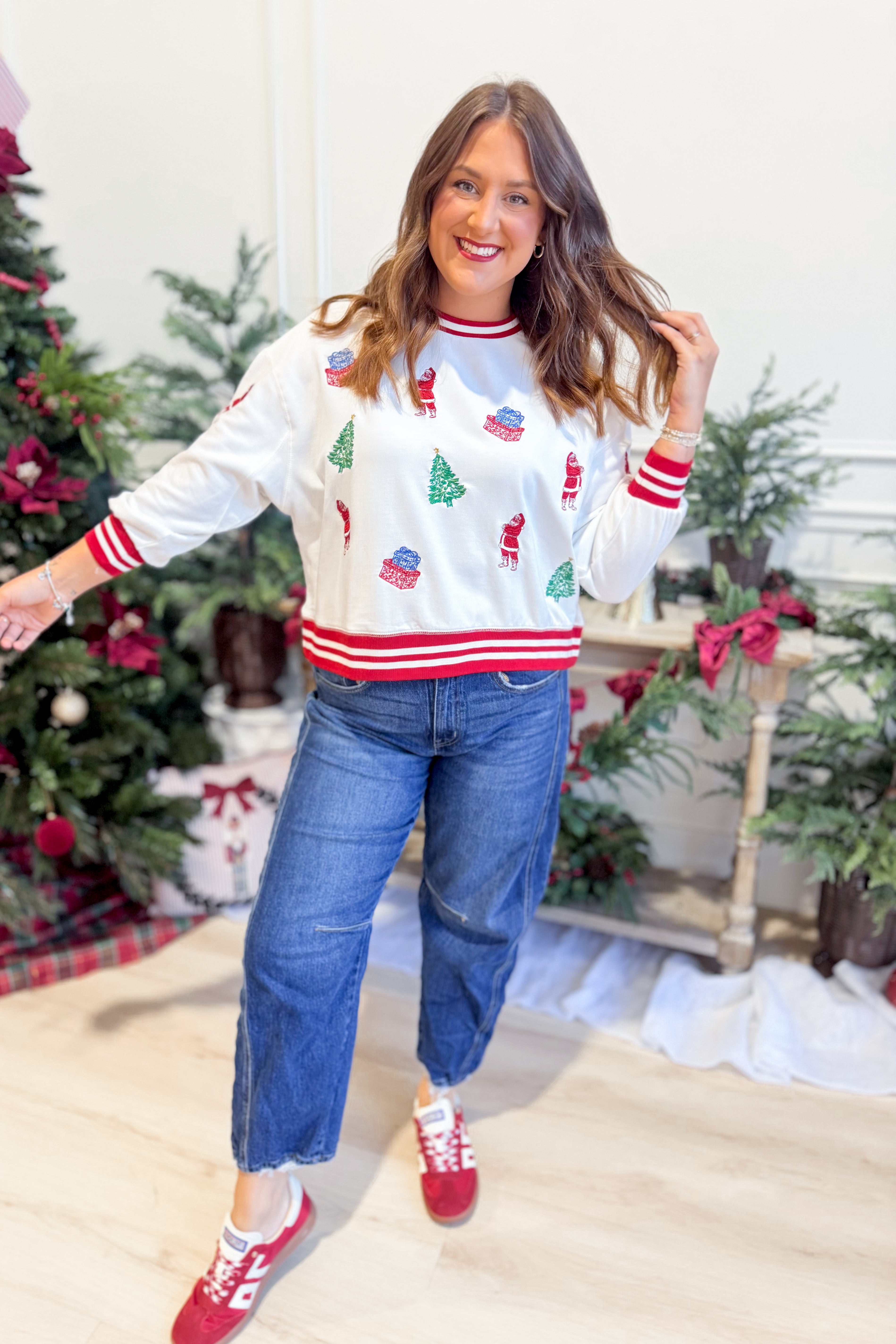 Mary Square Millie Tidings and Toile graphic pullover sweatshirt in a festive toile design