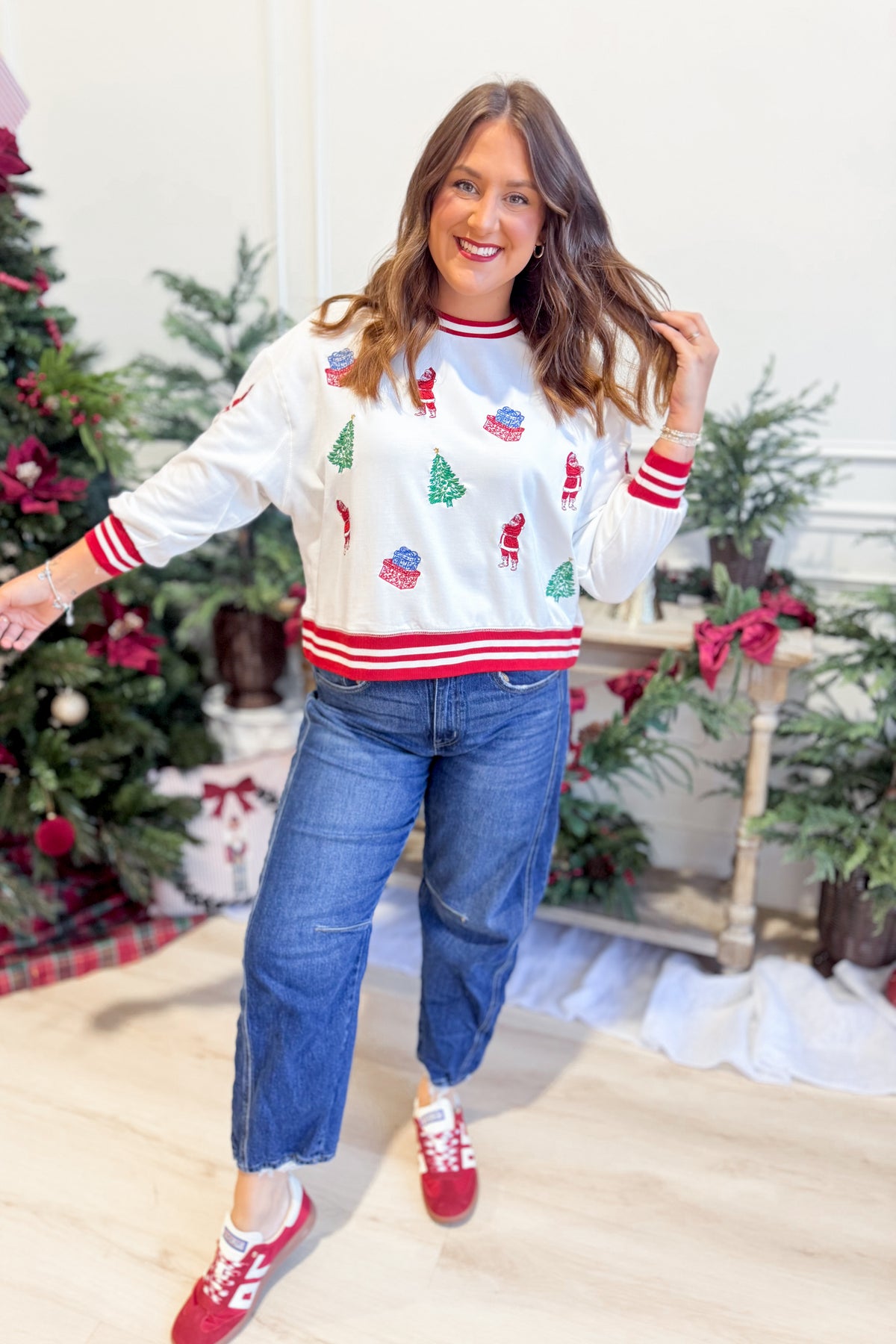 Mary Square Millie Tidings and Toile graphic pullover sweatshirt in a festive toile design