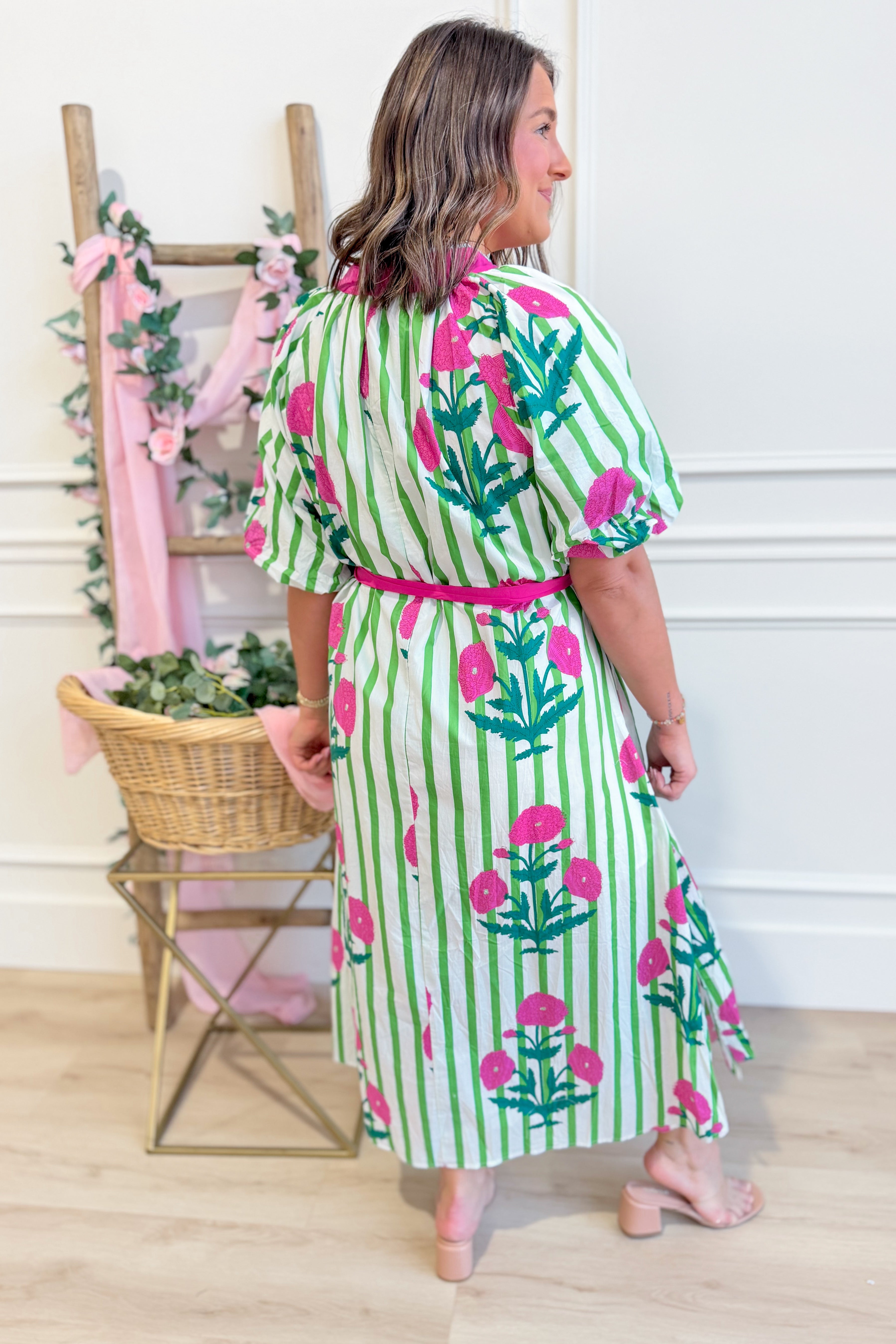 Lauren Striped Floral Pattern Midi Dress - Be You Boutique