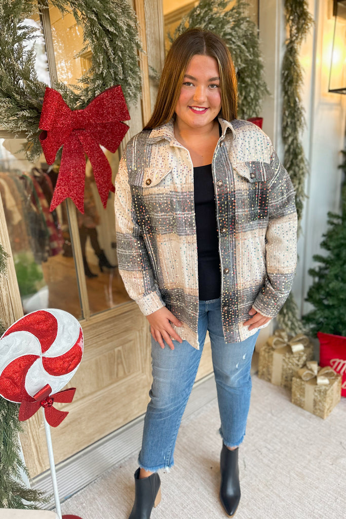 Mika Mocha Sequin Plaid Showstopper Shacket Jacket - Be You Boutique