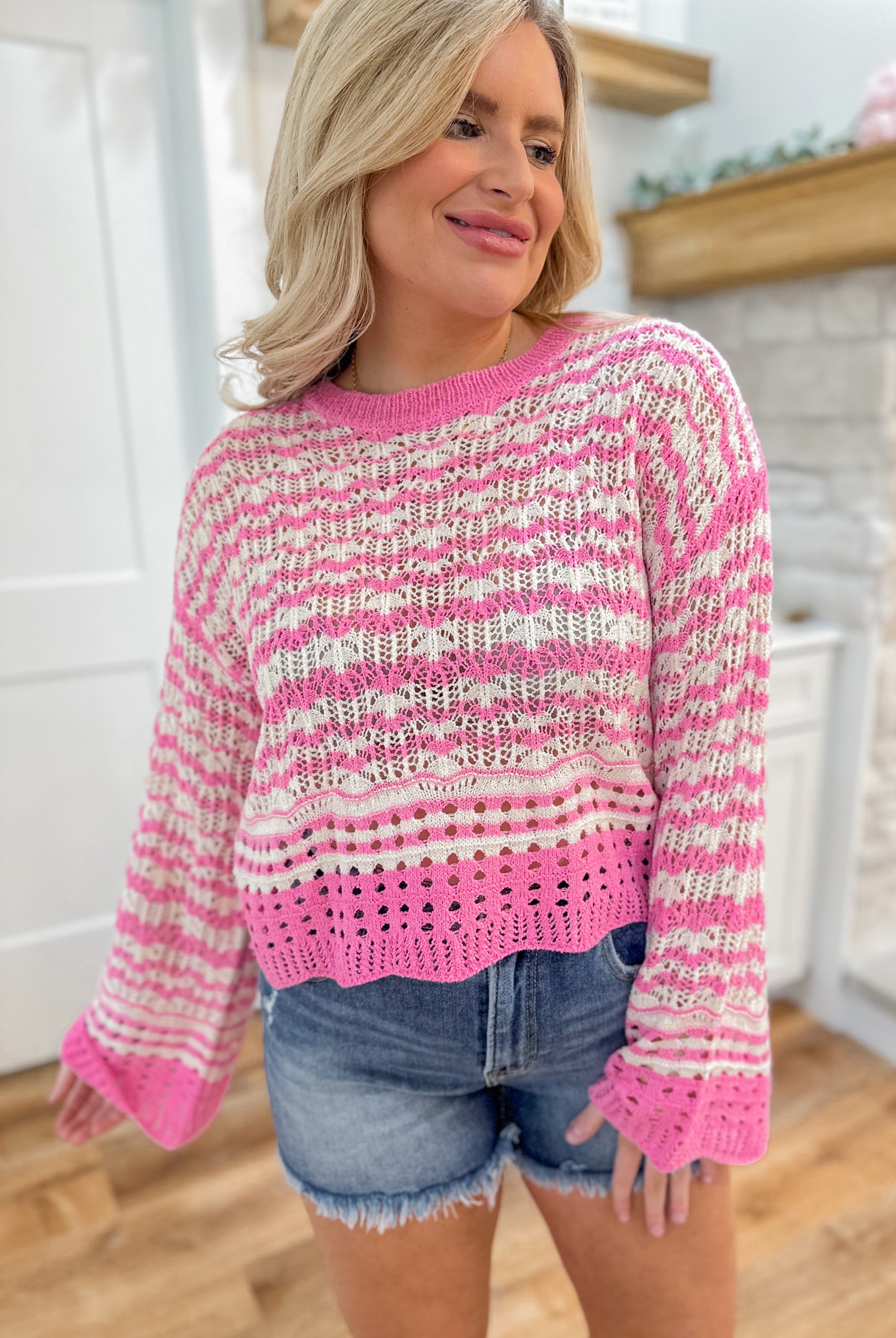 Bethany Round Neck Crochet Long Sleeve Top - Be You Boutique