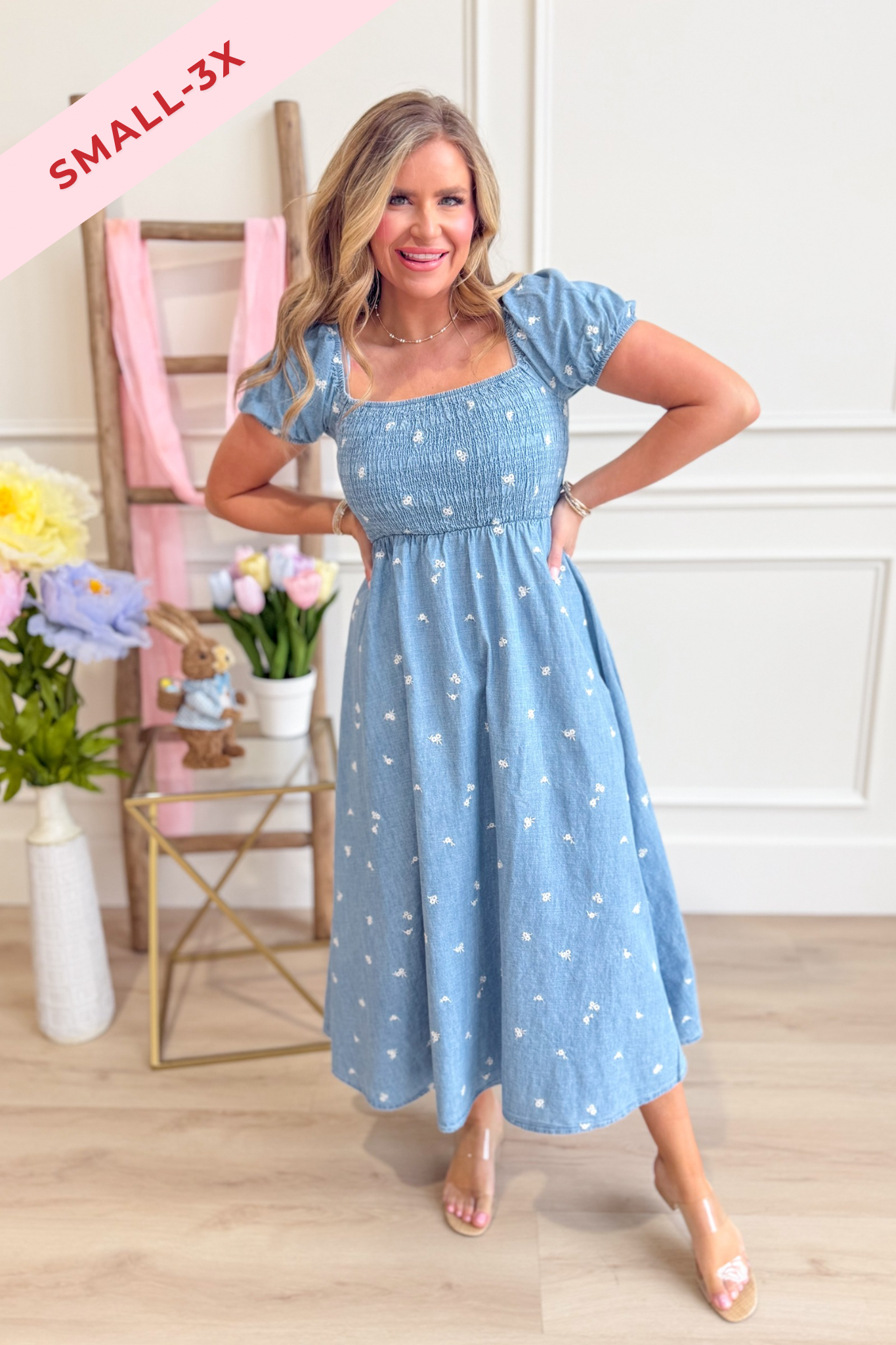 Kendra Chambray Embroidered Smocked Midi Dress - Be You Boutique