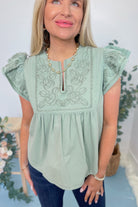 Margaret Split Neck Flutter Sleeve Top - Be You Boutique