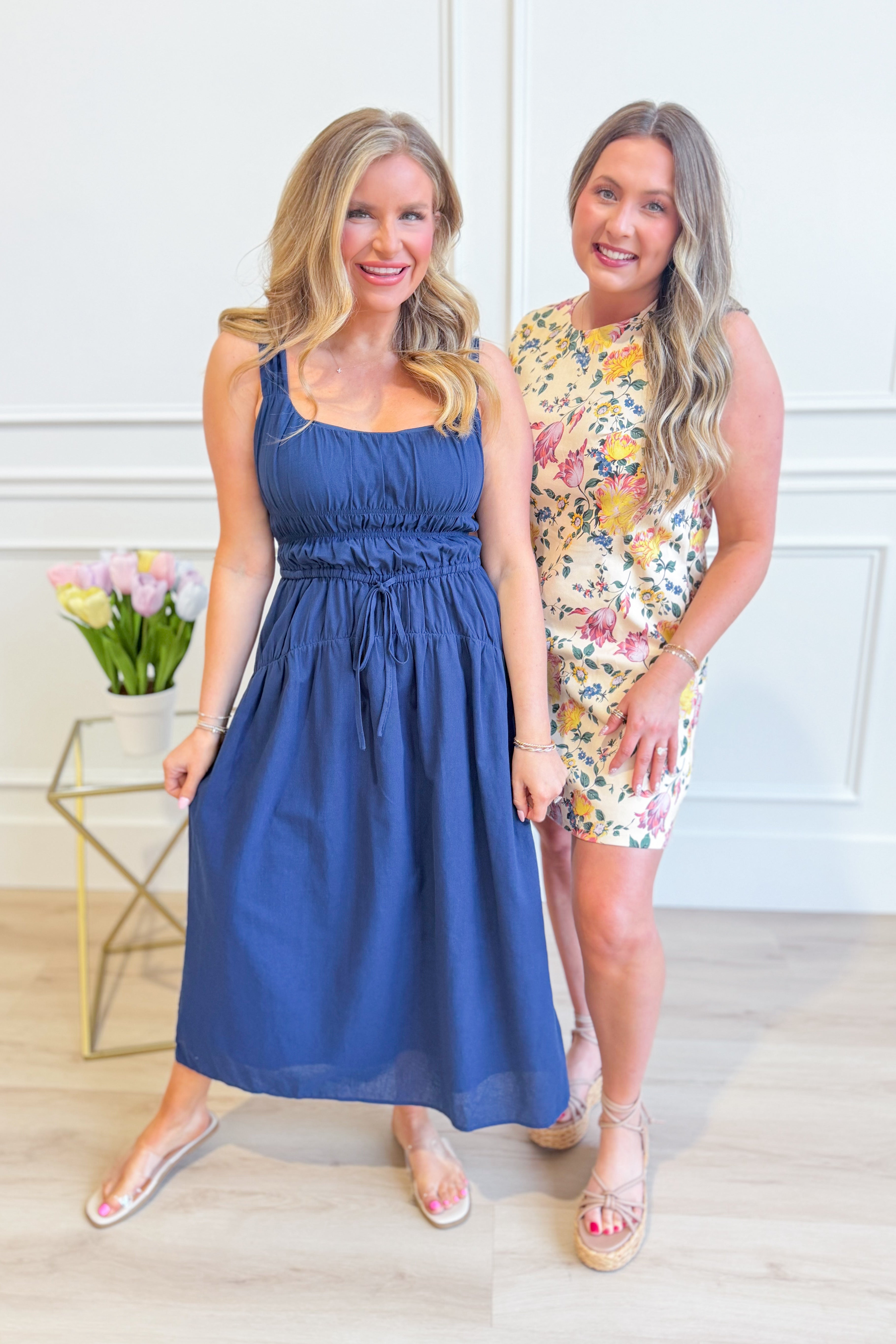 Baevely Cindy smocked tie waist midi dress in floral print, perfect for dressy occasions, featuring a fitted bodice and flowing skirt.