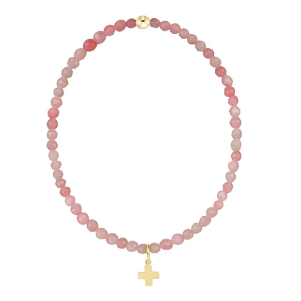 Enewton pink opal signature cross gold charm bracelet with 3mm beads, stylish jewelry piece on a neutral background.