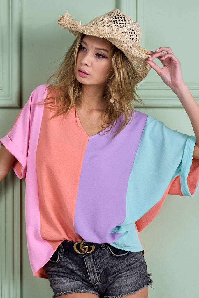 Cecily Color Block Roll Up Sleeves V Neck Top - Be You Boutique