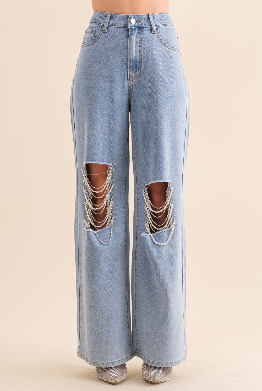 Denita Distressed Pearl Rhinestone Loose Denim Jeans - Be You Boutique