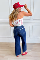 HYFVE Hannah white polka dot triangle tube top, a stylish dressy top with a fitted design and playful pattern, perfect for summer.