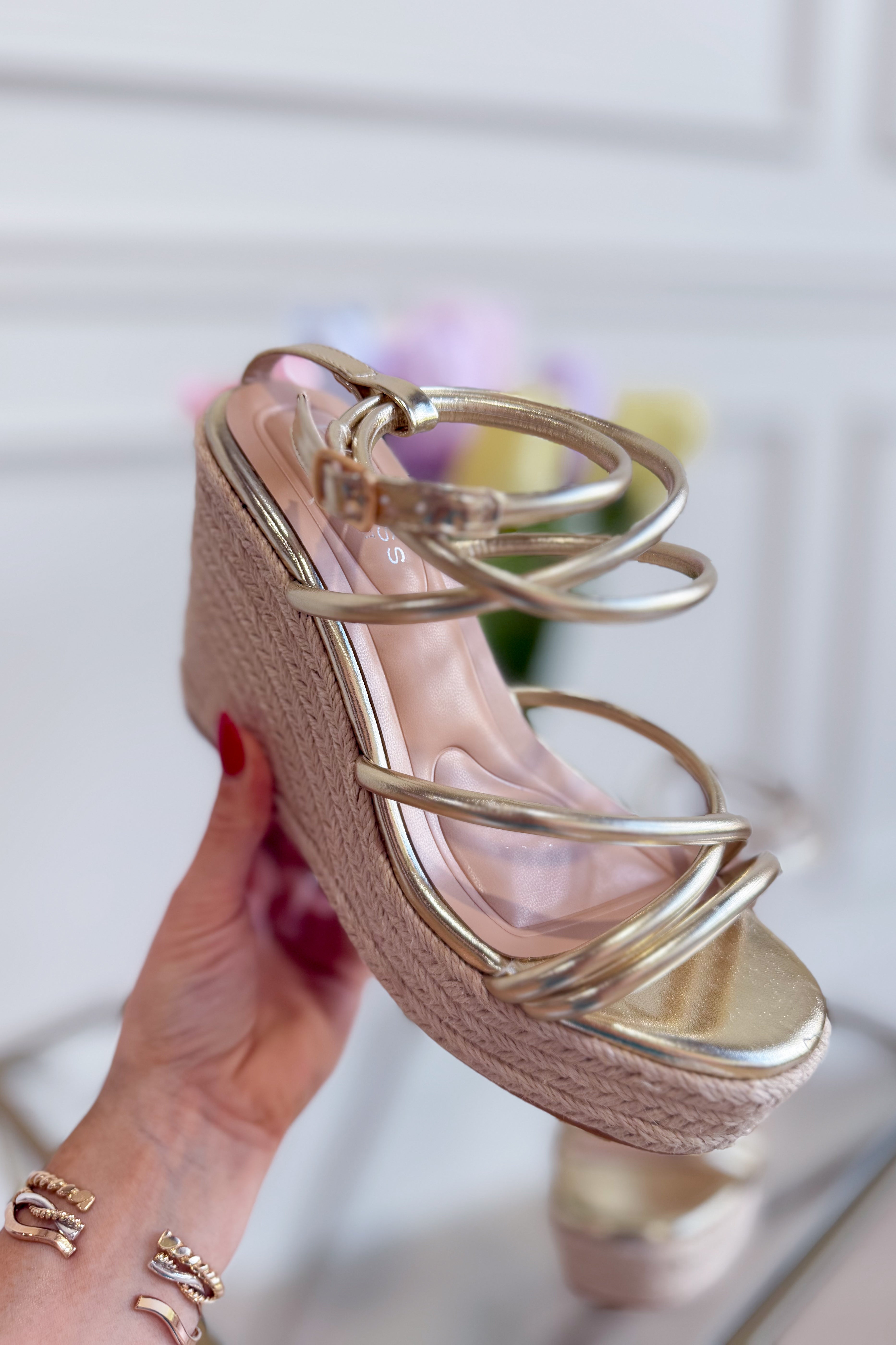 Berness Rhea Gold Wedge Sandal featuring a stylish gold strap and comfortable wedge heel for women’s summer footwear.