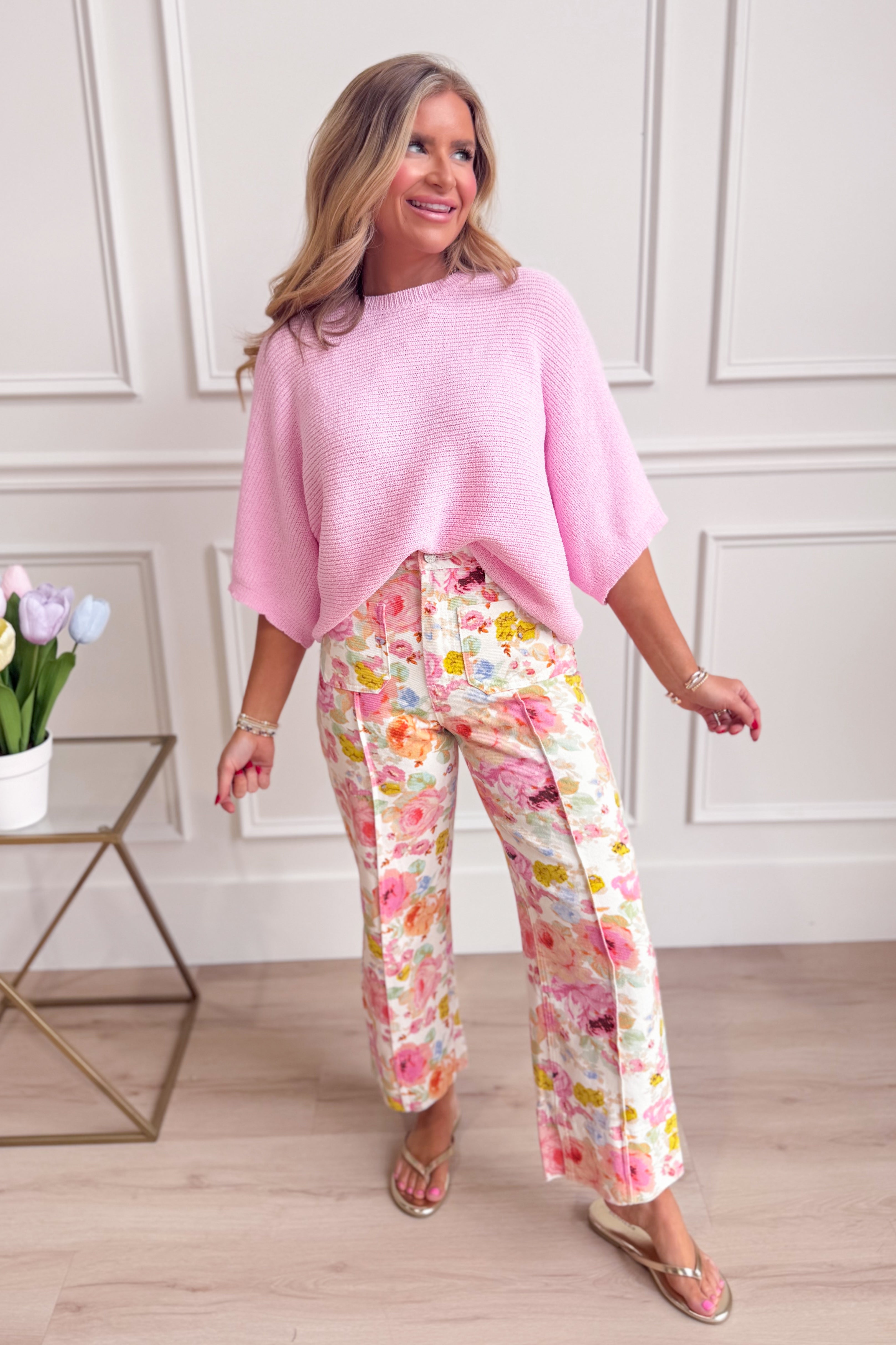 ENTRO Candice Pink knitted spring top, casual 105 style, featuring a soft, lightweight fabric with a relaxed fit.