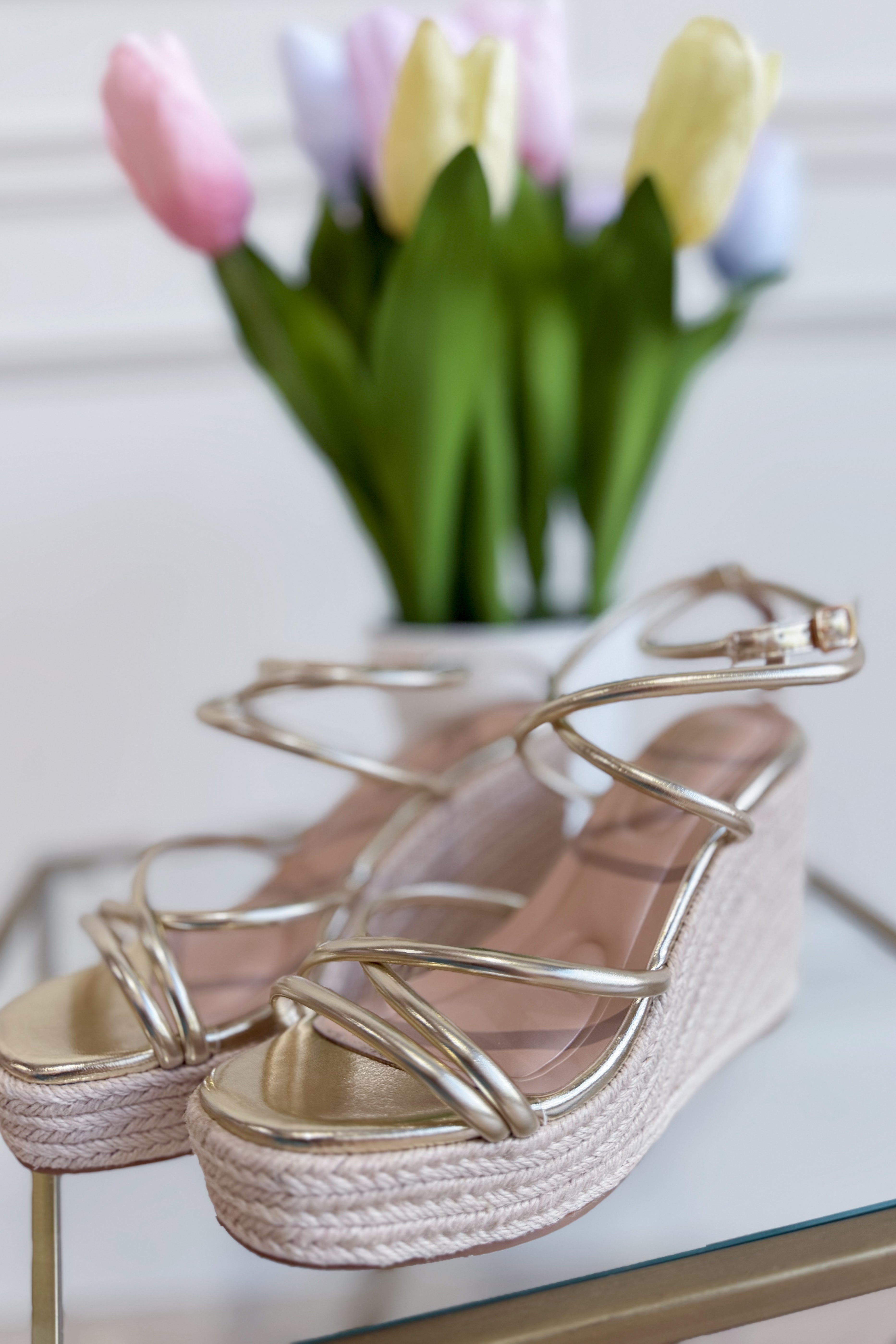 Berness Rhea Gold Wedge Sandal featuring a strappy design and gold finish, displayed on a neutral background.