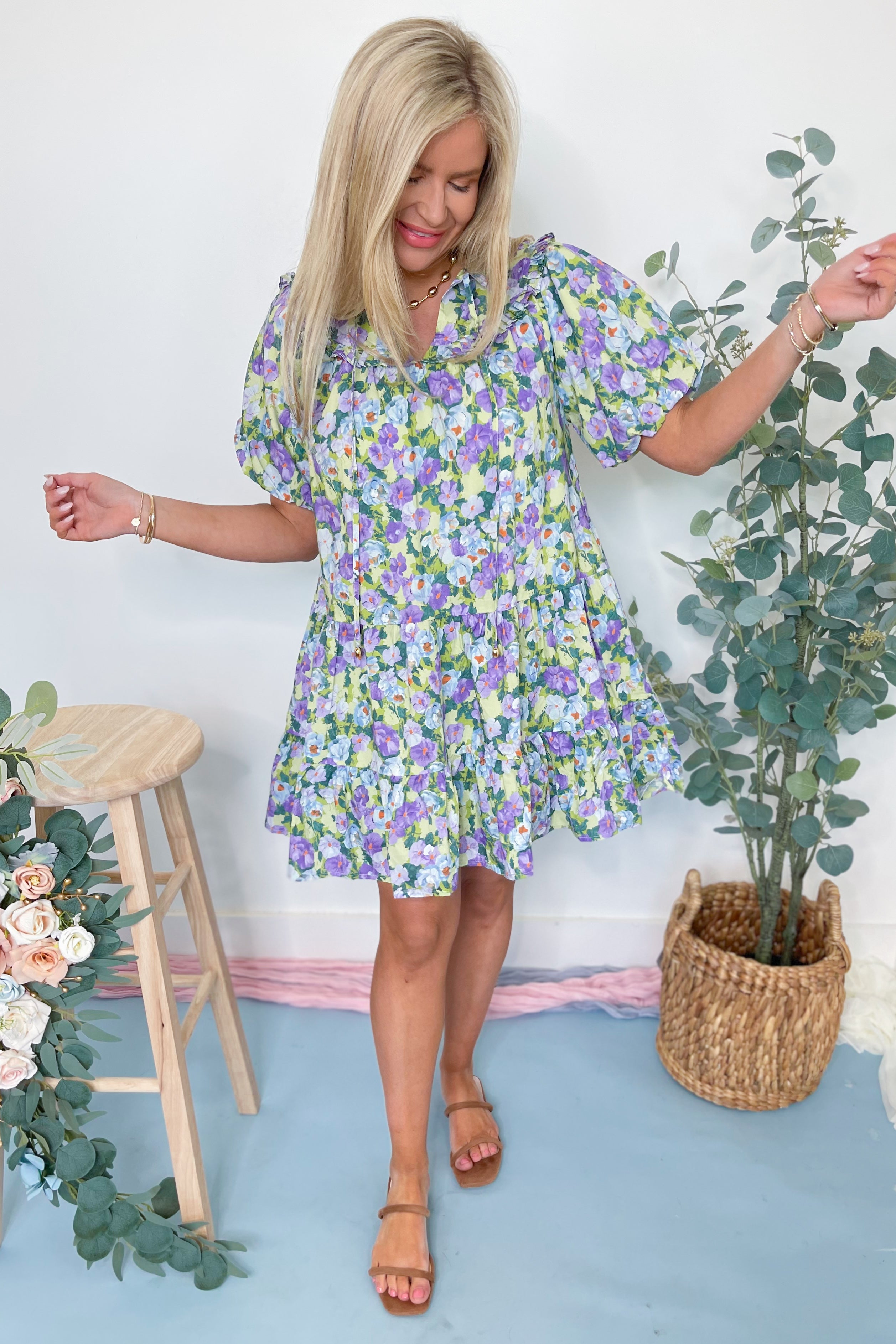 Letty Bubble Sleeve Lavender Fields Tiered Dress - Be You Boutique